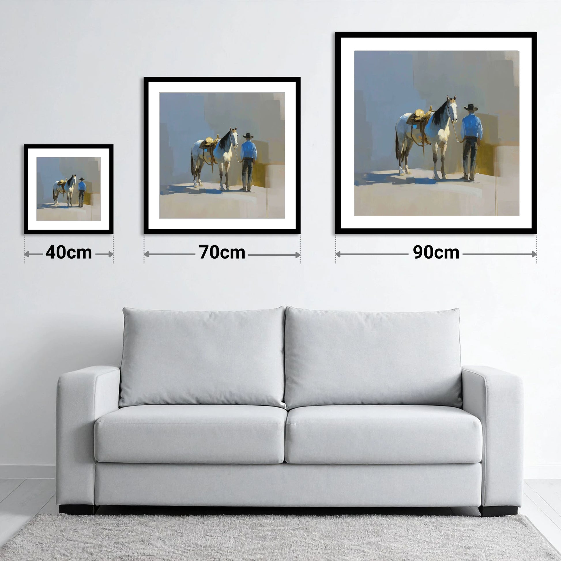 Quiet Western Partnership - size guide showing 40cm, 70cm and 90cm art prints