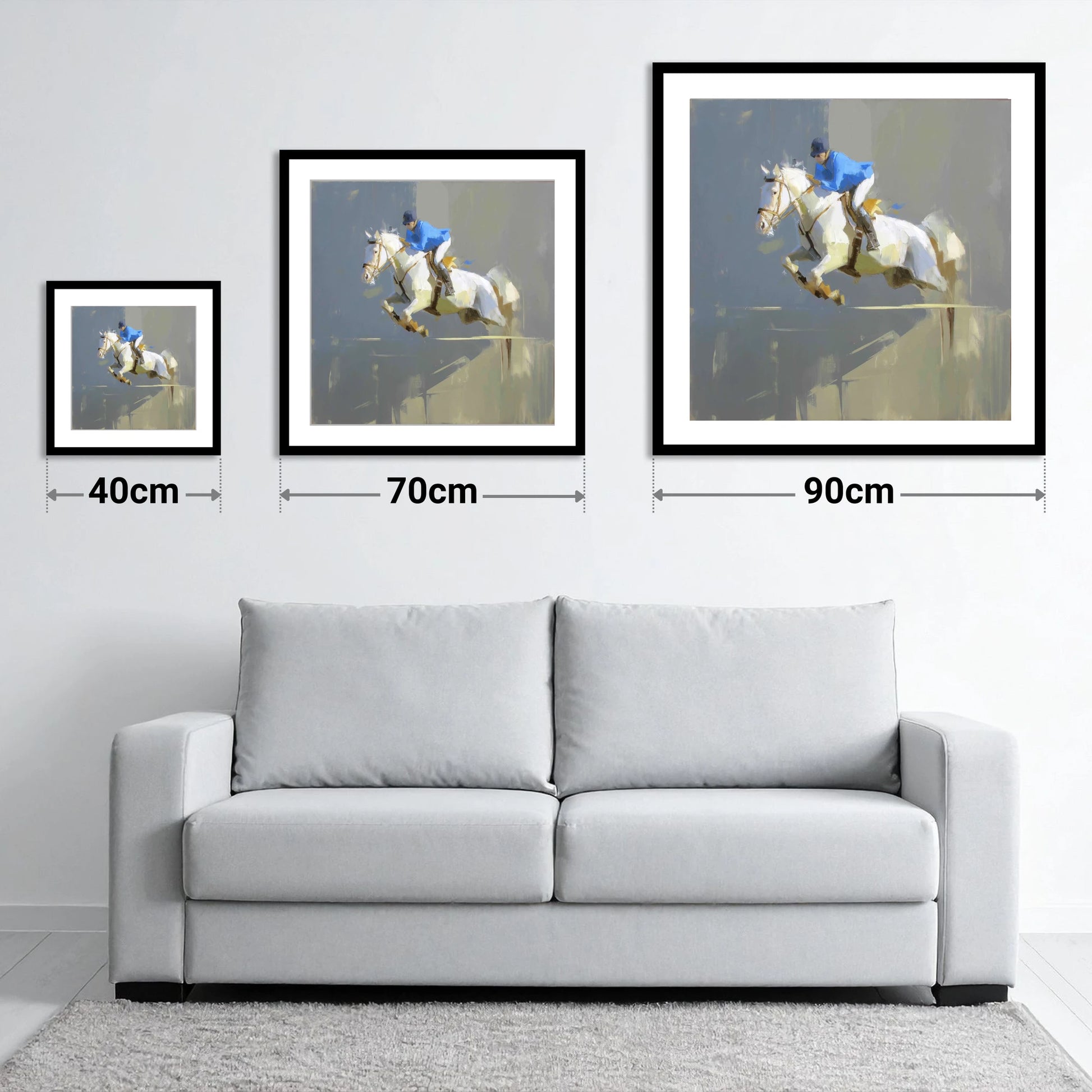 Suspension in Slate - size guide showing 40cm, 70cm and 90cm art prints