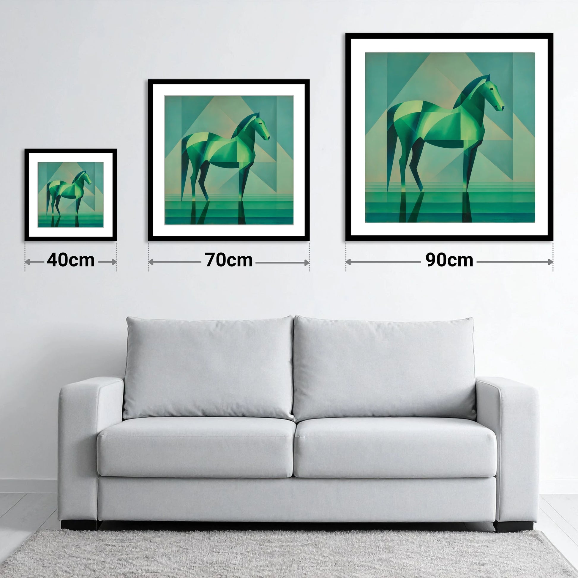 Emerald Geometric Equine - size guide showing 40cm, 70cm and 90cm art prints