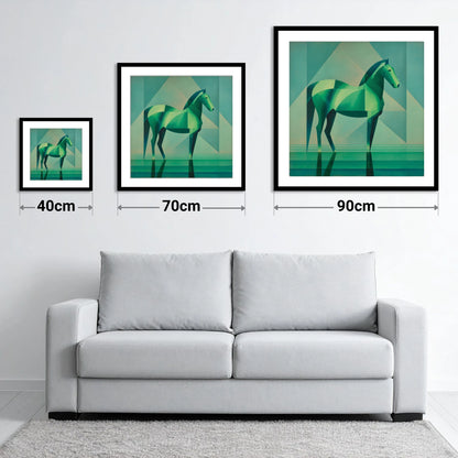 Emerald Geometric Equine - size guide showing 40cm, 70cm and 90cm art prints
