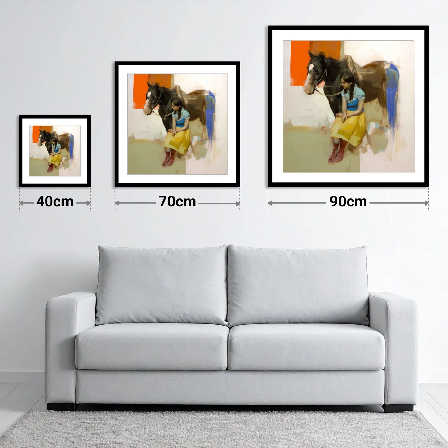 The Colour of Trust - size guide showing 40cm, 70cm and 90cm art prints