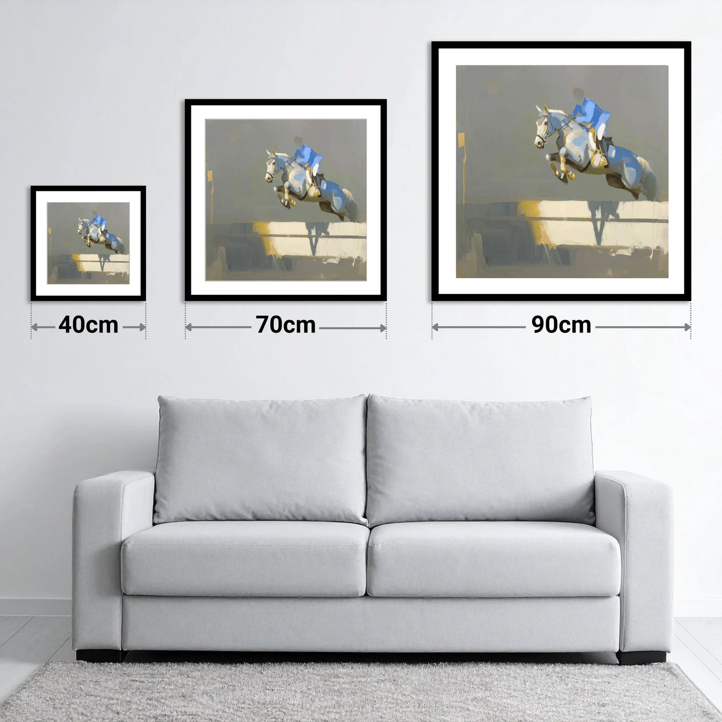 Ascent in Blue - size guide showing 40cm, 70cm and 90cm art prints