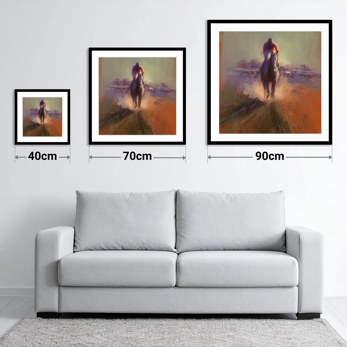 The Final Furlong - size guide showing 40cm, 70cm and 90cm art prints