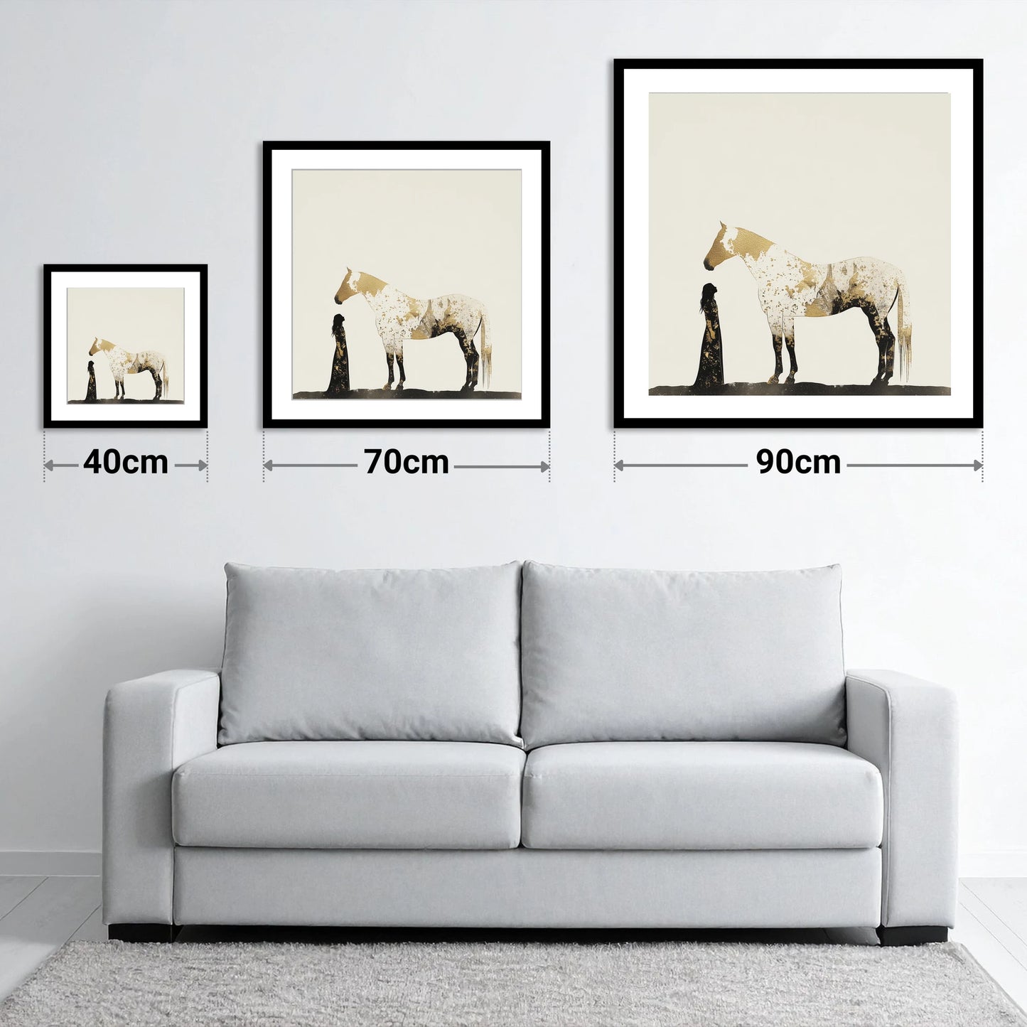 The Golden Bond - size guide showing 40cm, 70cm and 90cm art prints