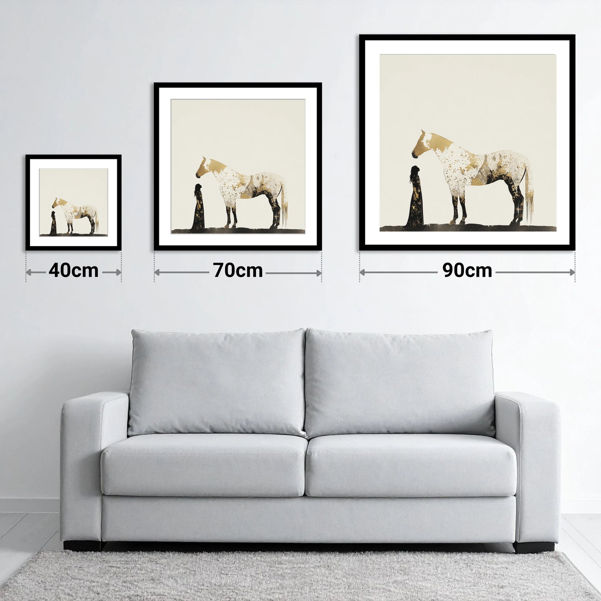 The Golden Bond - size guide showing 40cm, 70cm and 90cm art prints