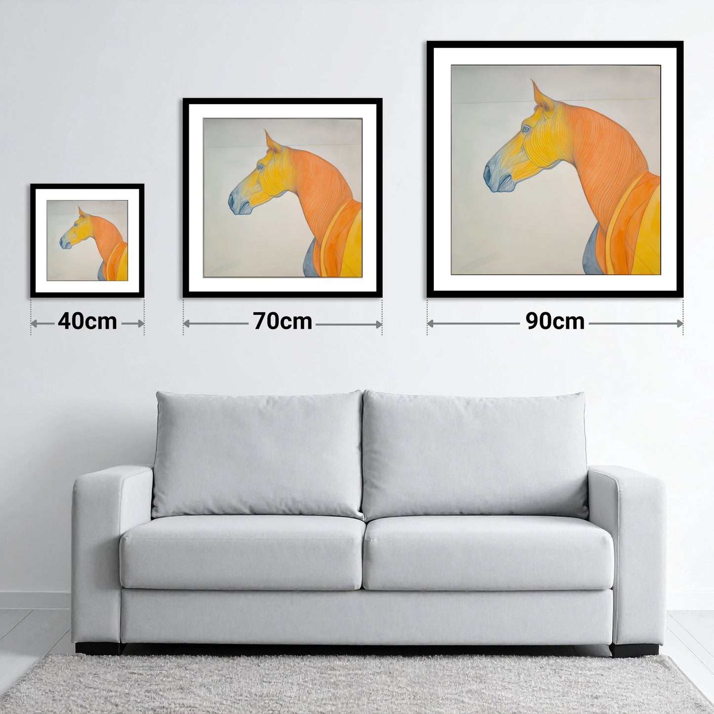 Rhythm In Amber - size guide showing 40cm, 70cm and 90cm art prints