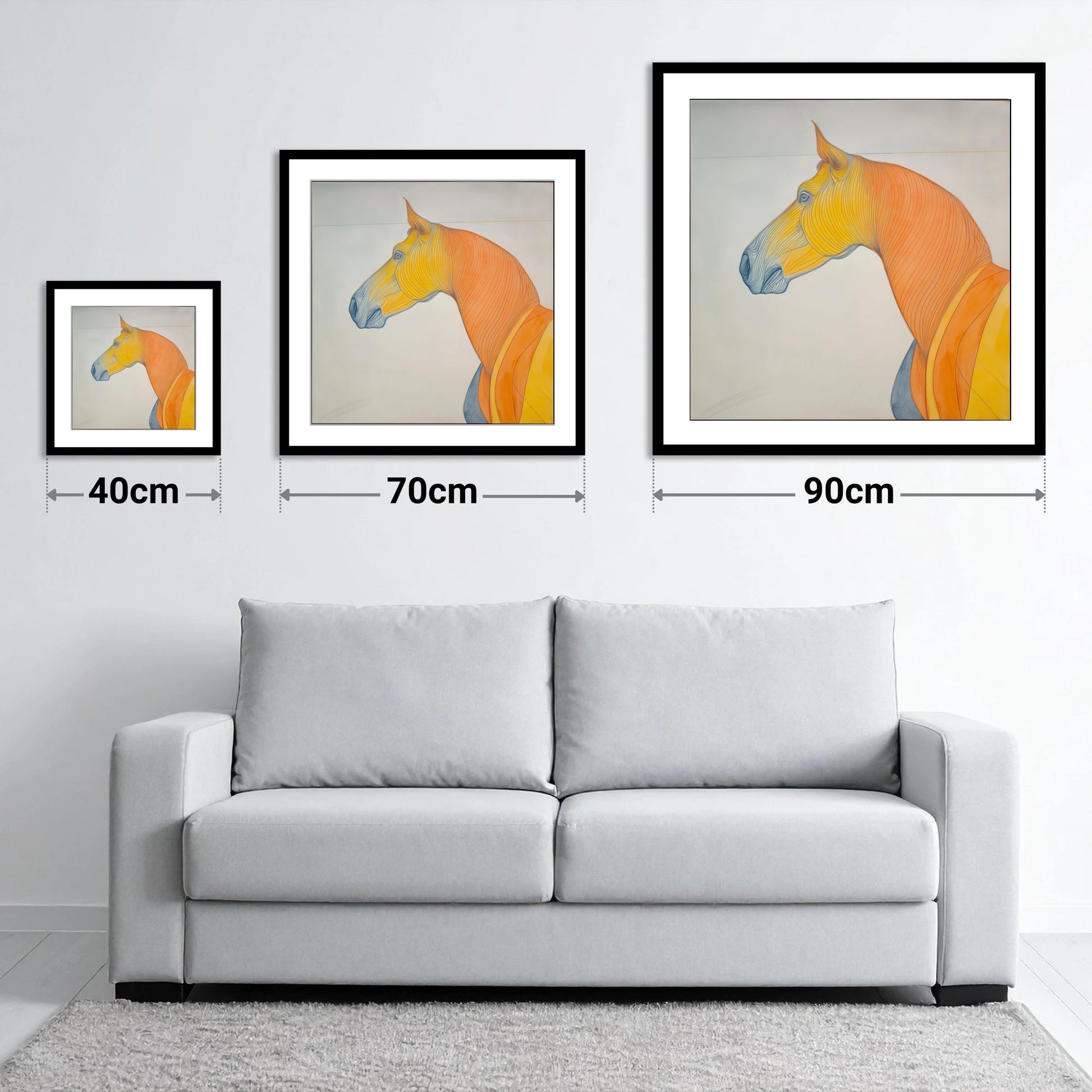 Rhythm In Amber - size guide showing 40cm, 70cm and 90cm art prints