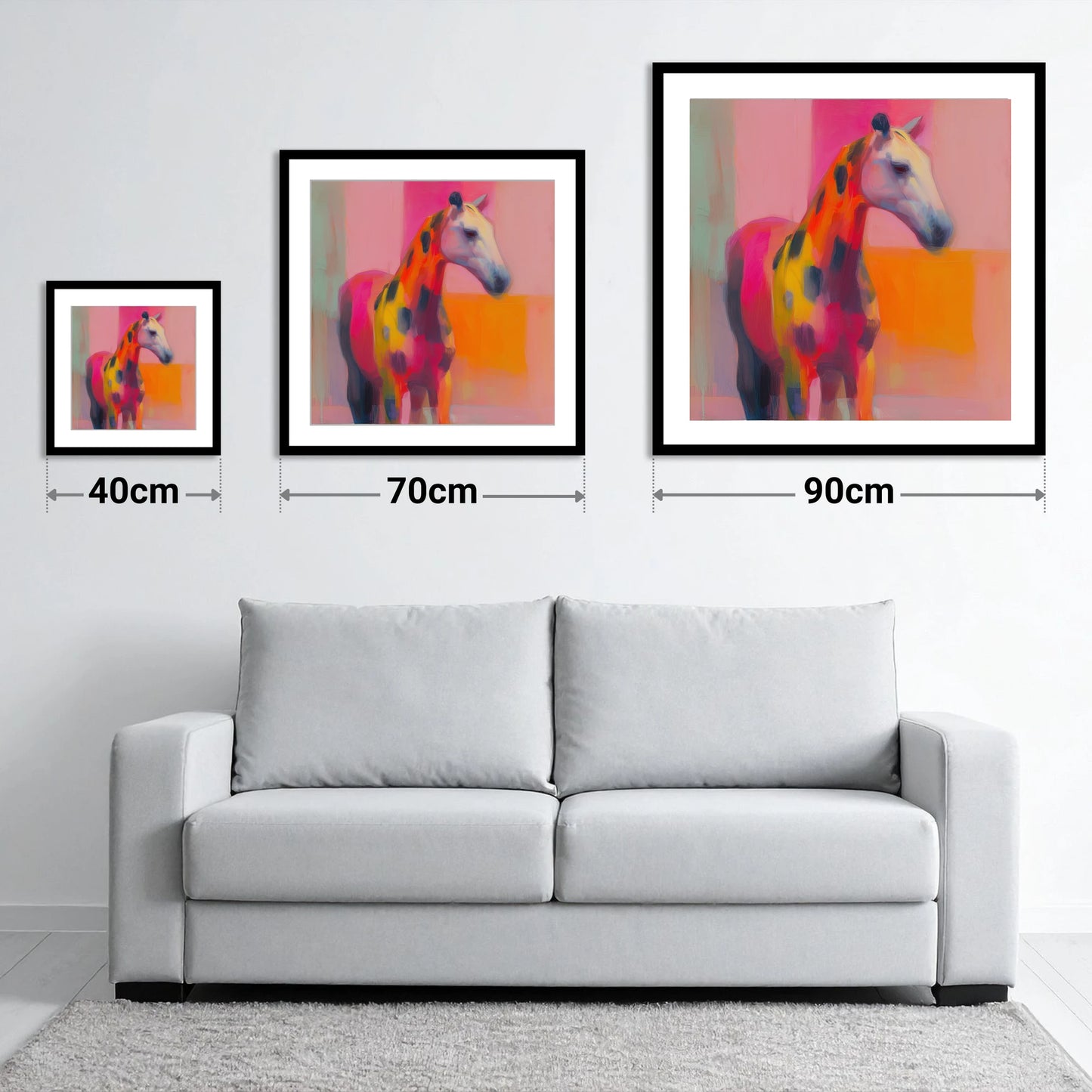 Radiant Appaloosa Profile - size guide showing 40cm, 70cm and 90cm art prints