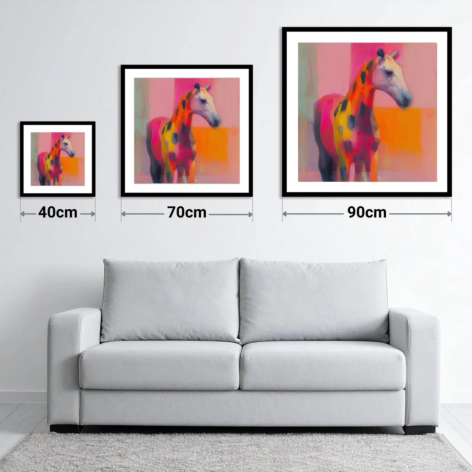 Radiant Appaloosa Profile - size guide showing 40cm, 70cm and 90cm art prints