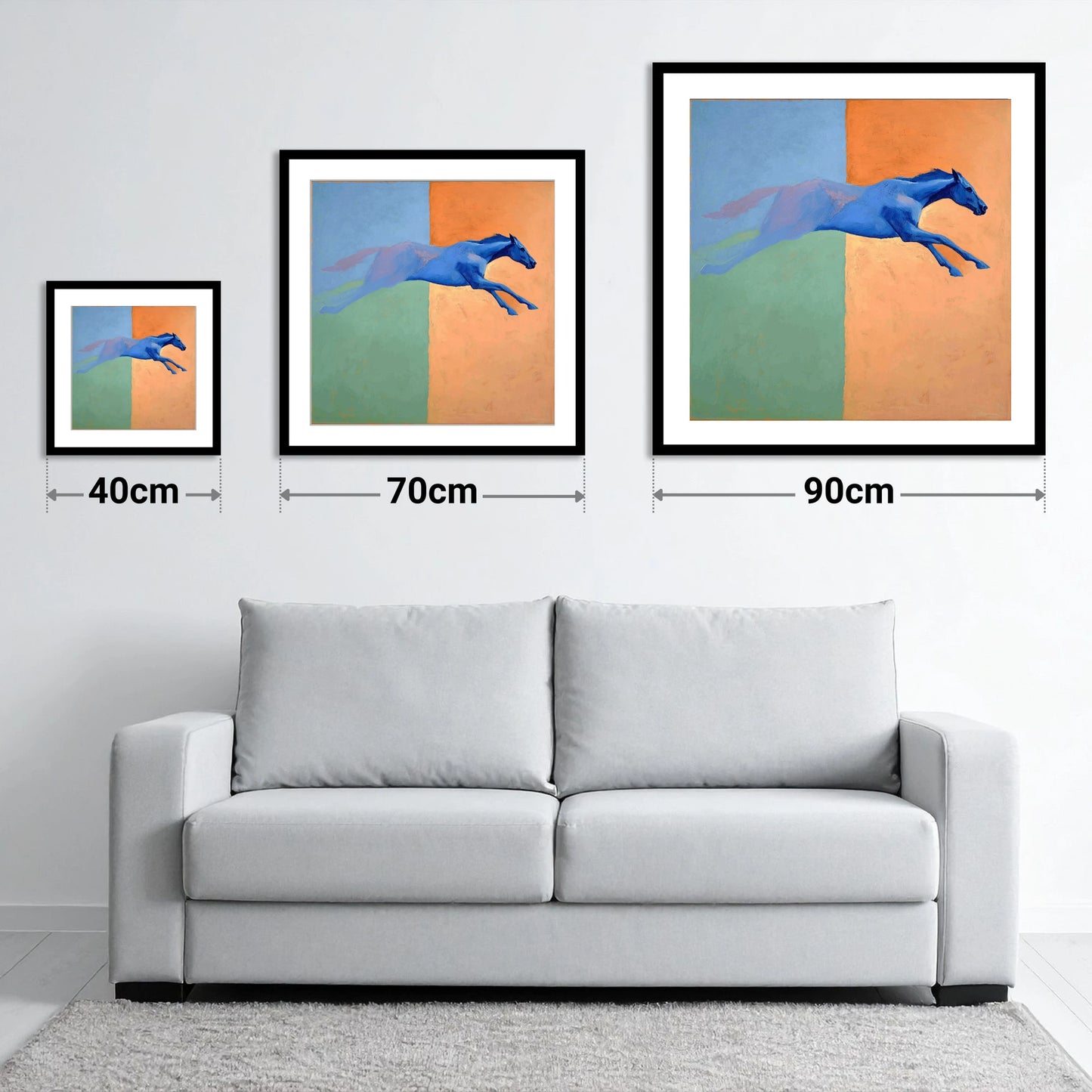 Cobalt Stretch - size guide showing 40cm, 70cm and 90cm art prints