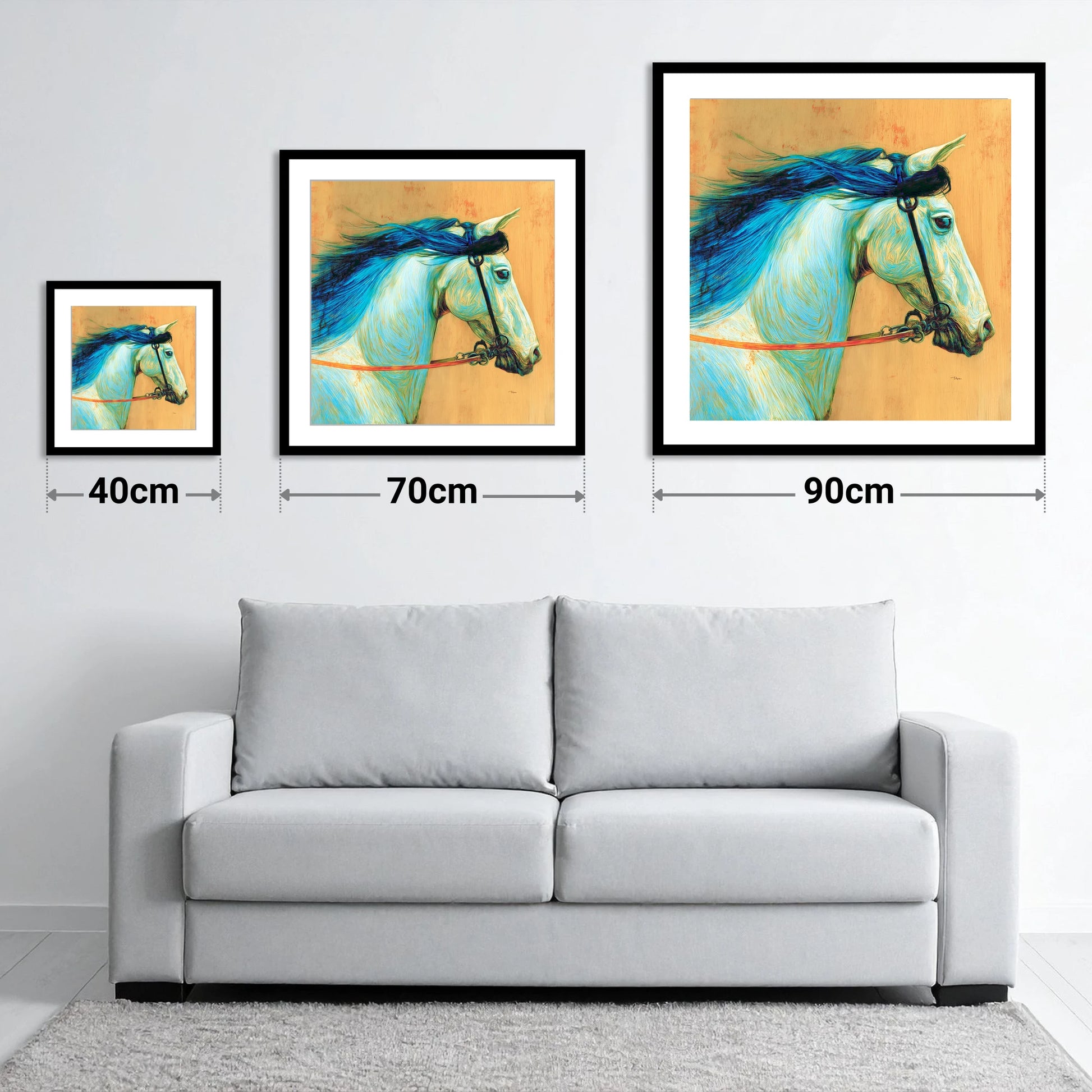 Cerulean Spirit - size guide showing 40cm, 70cm and 90cm art prints