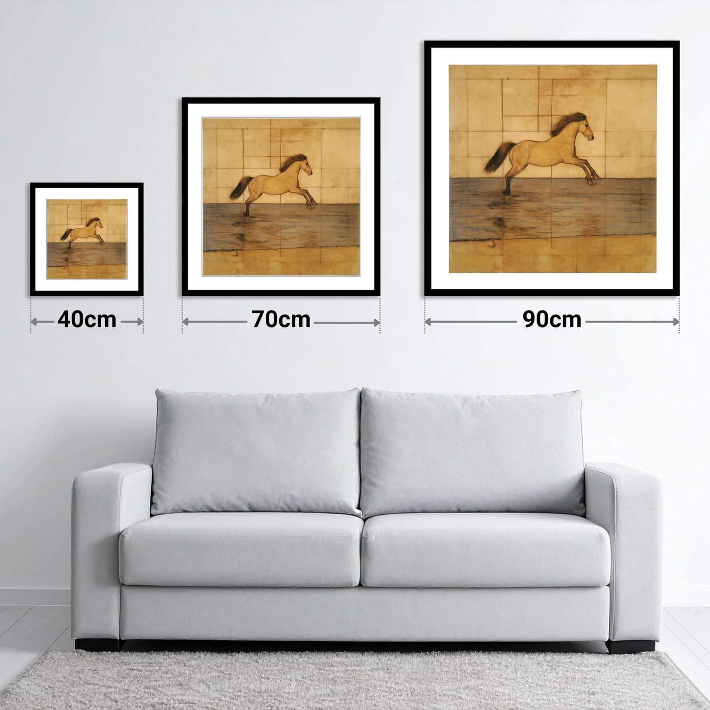 Classical Canter Study - size guide showing 40cm, 70cm and 90cm art prints