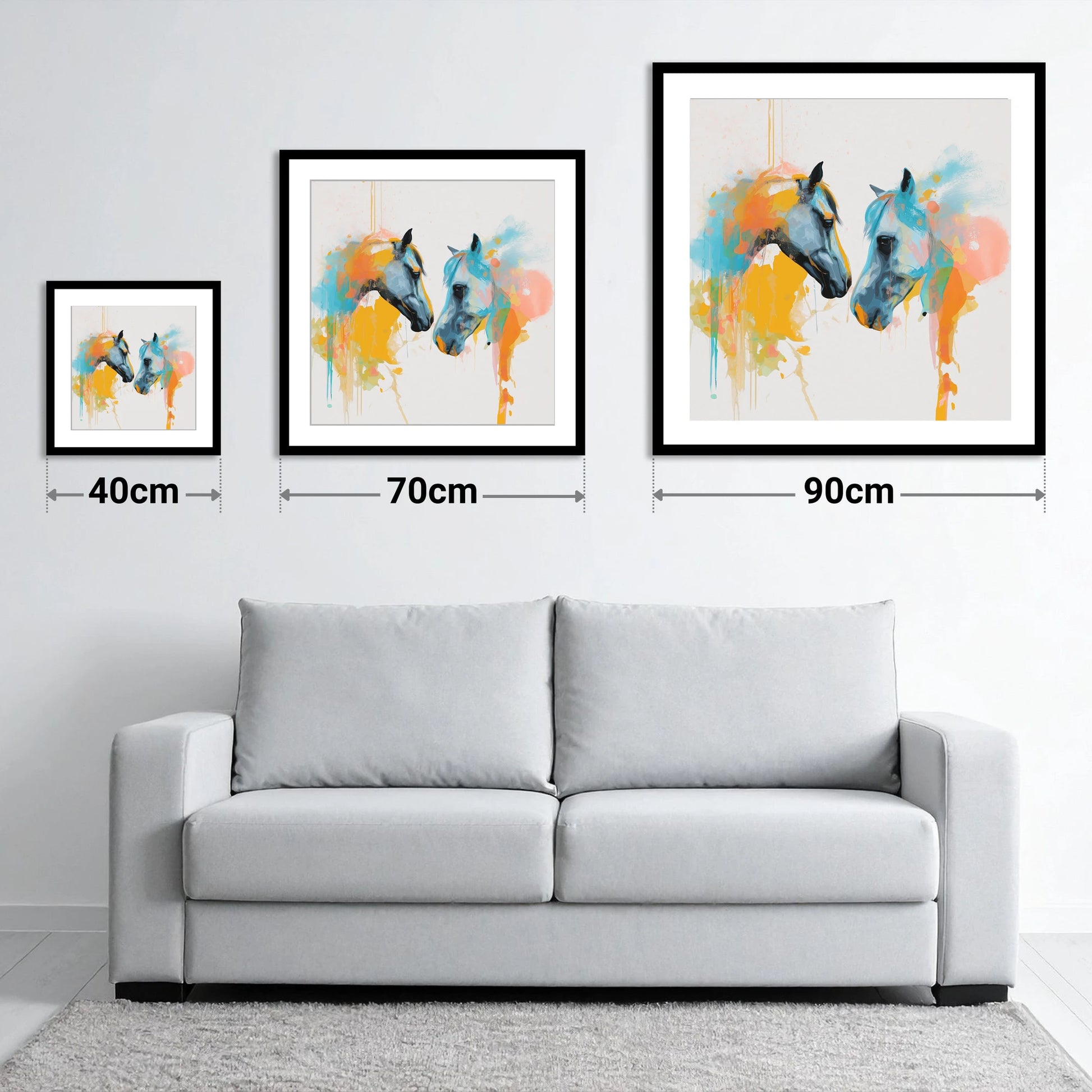 Spirited Bond - size guide showing 40cm, 70cm and 90cm art prints