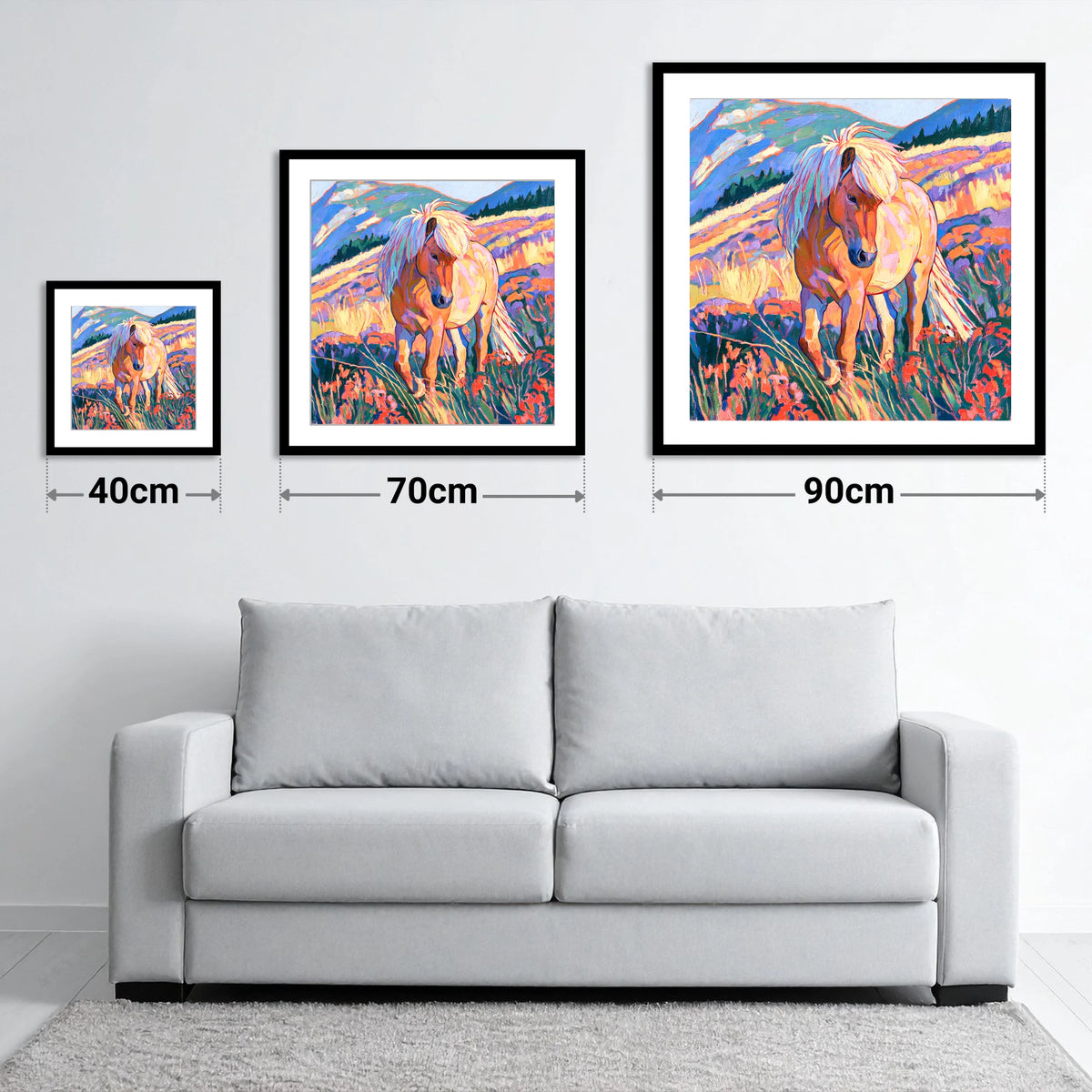 Fjord Horse in Vibrant Mountains - size guide showing 40cm, 70cm and 90cm art prints