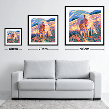 Fjord Horse in Vibrant Mountains - size guide showing 40cm, 70cm and 90cm art prints