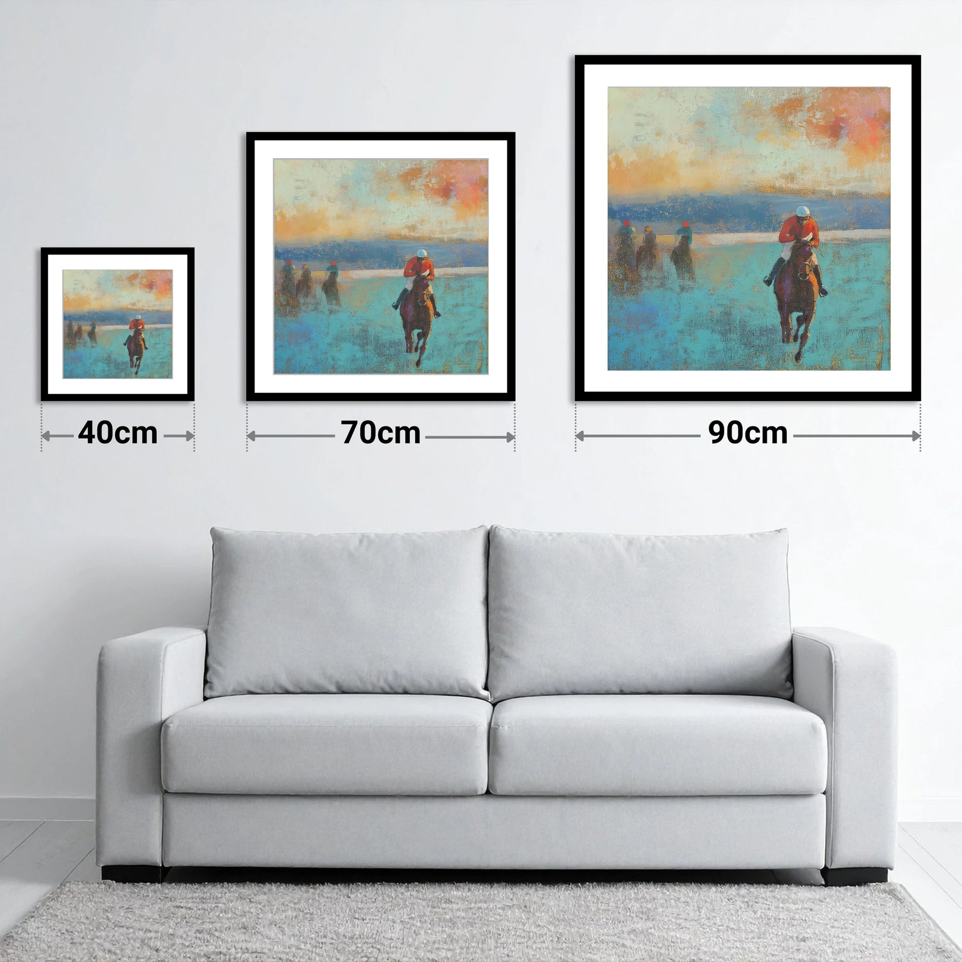 The Front Runner - size guide showing 40cm, 70cm and 90cm art prints