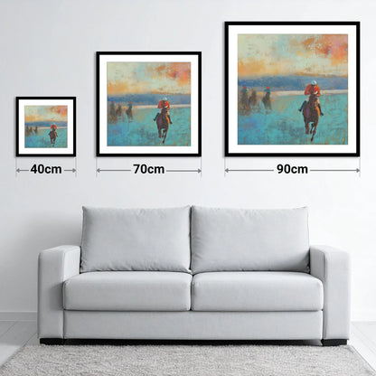 The Front Runner - size guide showing 40cm, 70cm and 90cm art prints