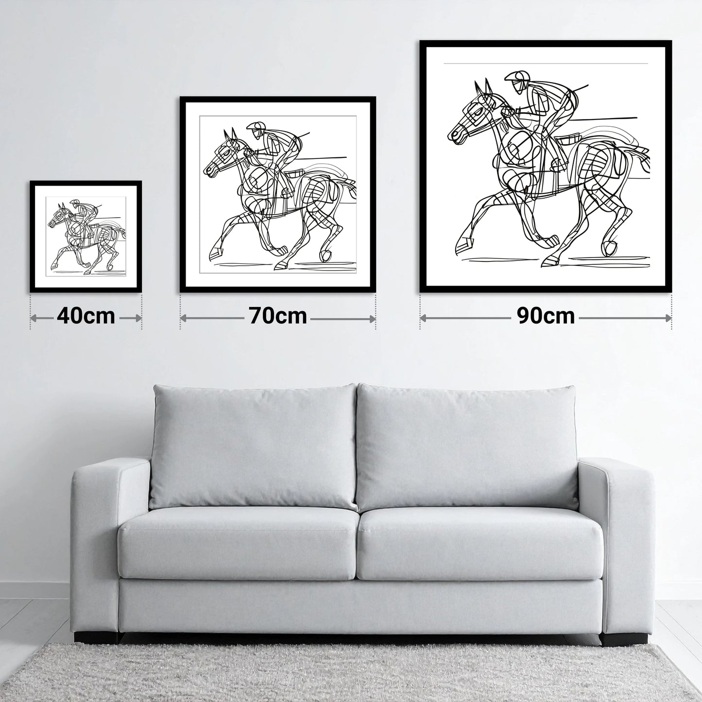 Linear Racing Form - size guide showing 40cm, 70cm and 90cm art prints