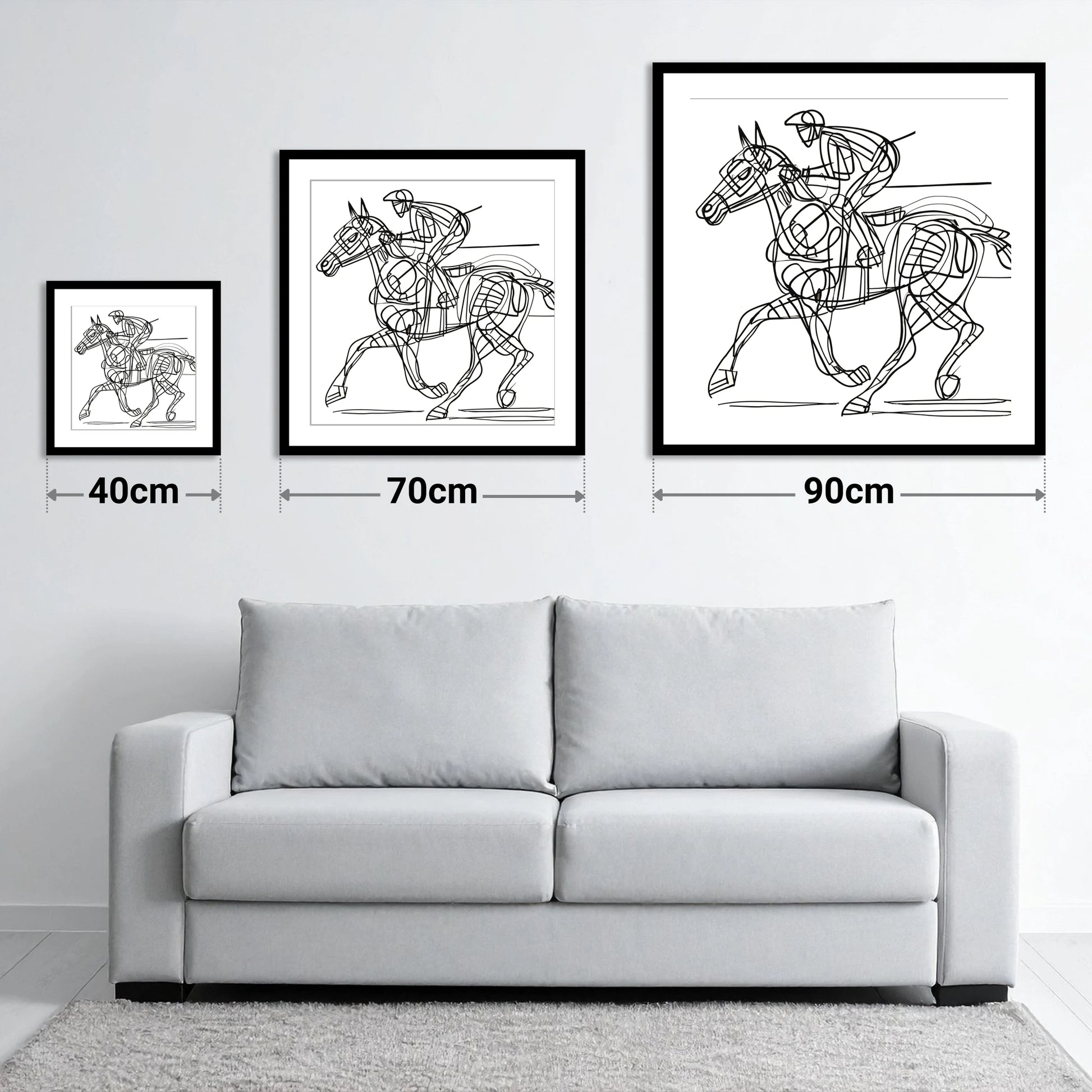 Linear Racing Form - size guide showing 40cm, 70cm and 90cm art prints
