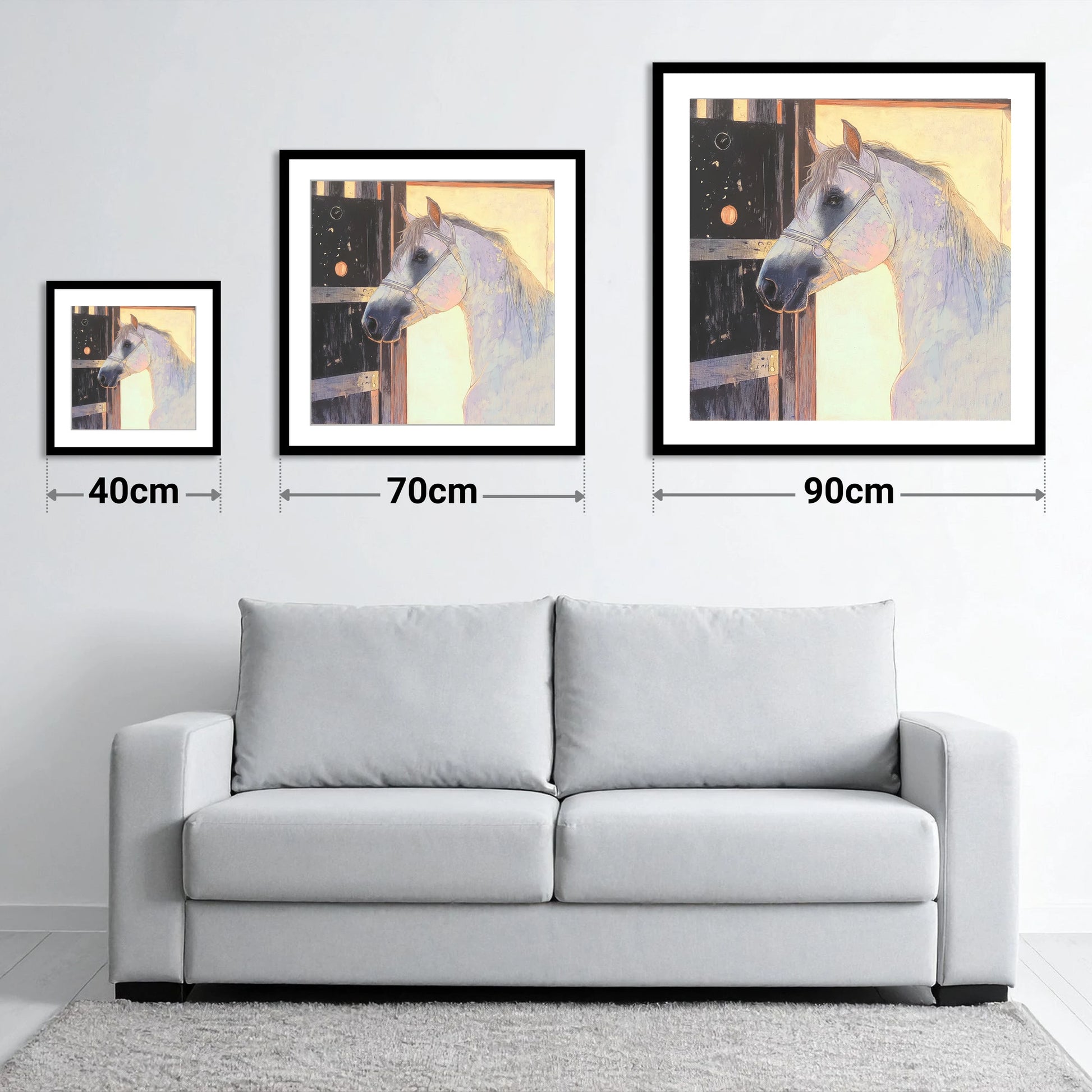 The Luminous Grey - size guide showing 40cm, 70cm and 90cm art prints