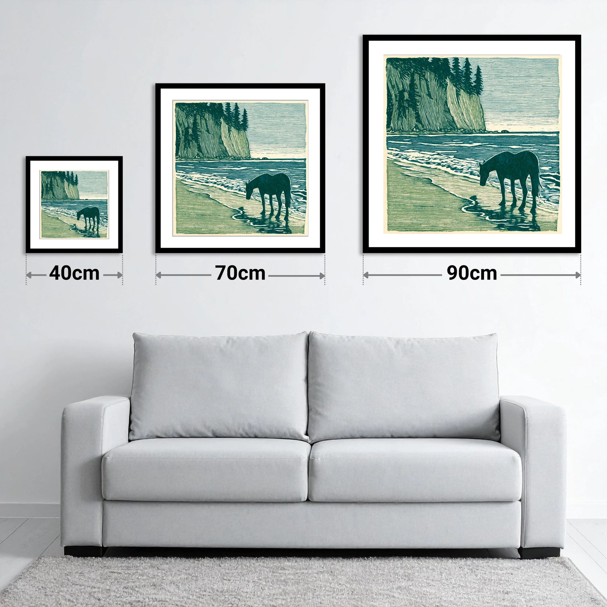 Coastal Waters Retreat - size guide showing 40cm, 70cm and 90cm art prints