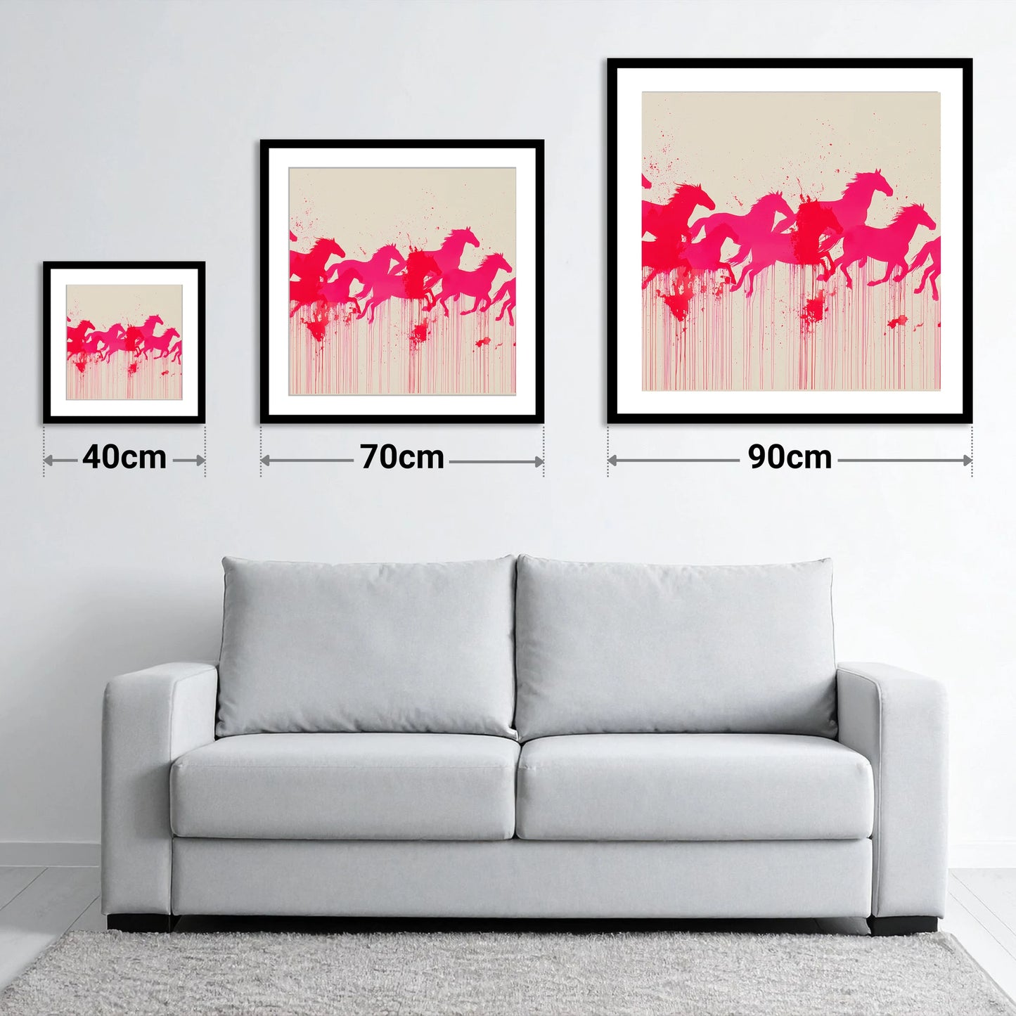Vivid Magenta Herd - size guide showing 40cm, 70cm and 90cm art prints