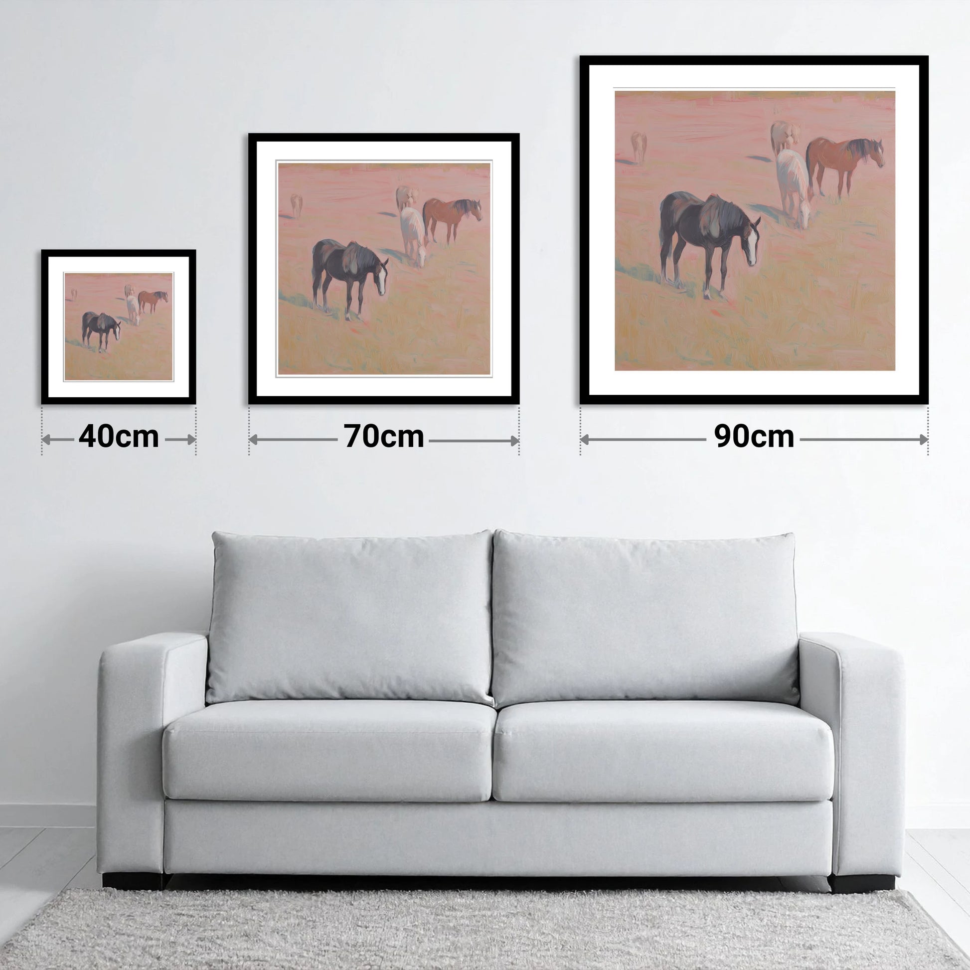 Dusky Rosa Pastures - size guide showing 40cm, 70cm and 90cm art prints
