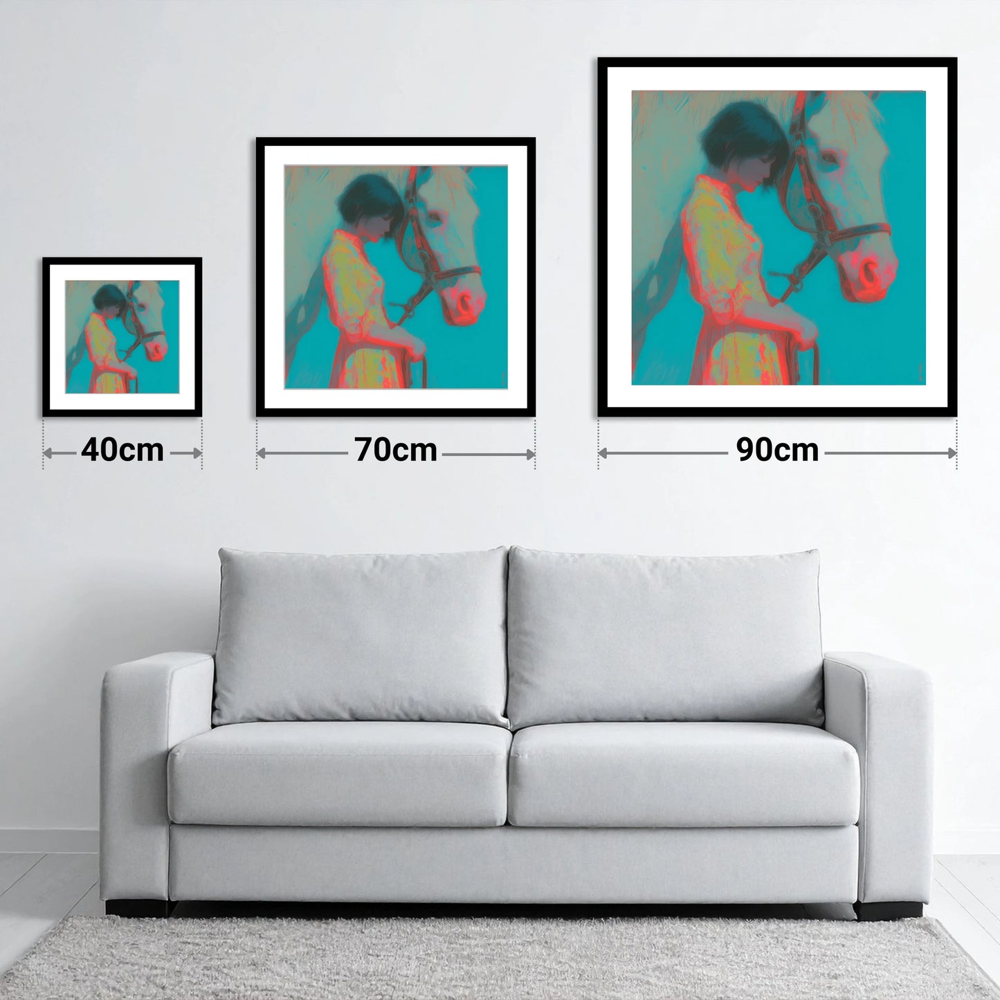 Electric Bond - size guide showing 40cm, 70cm and 90cm art prints