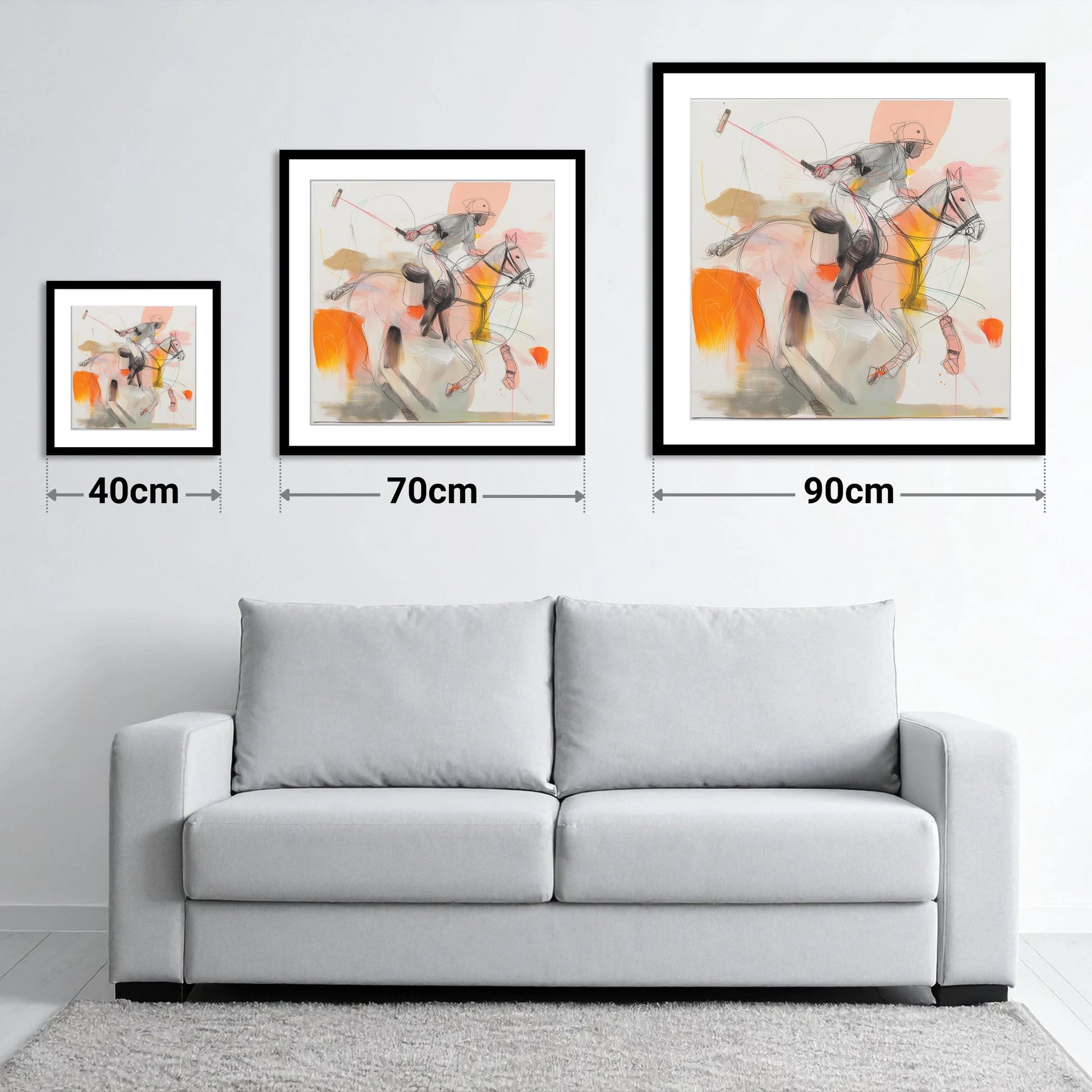 Dynamic Polo Swing - size guide showing 40cm, 70cm and 90cm art prints