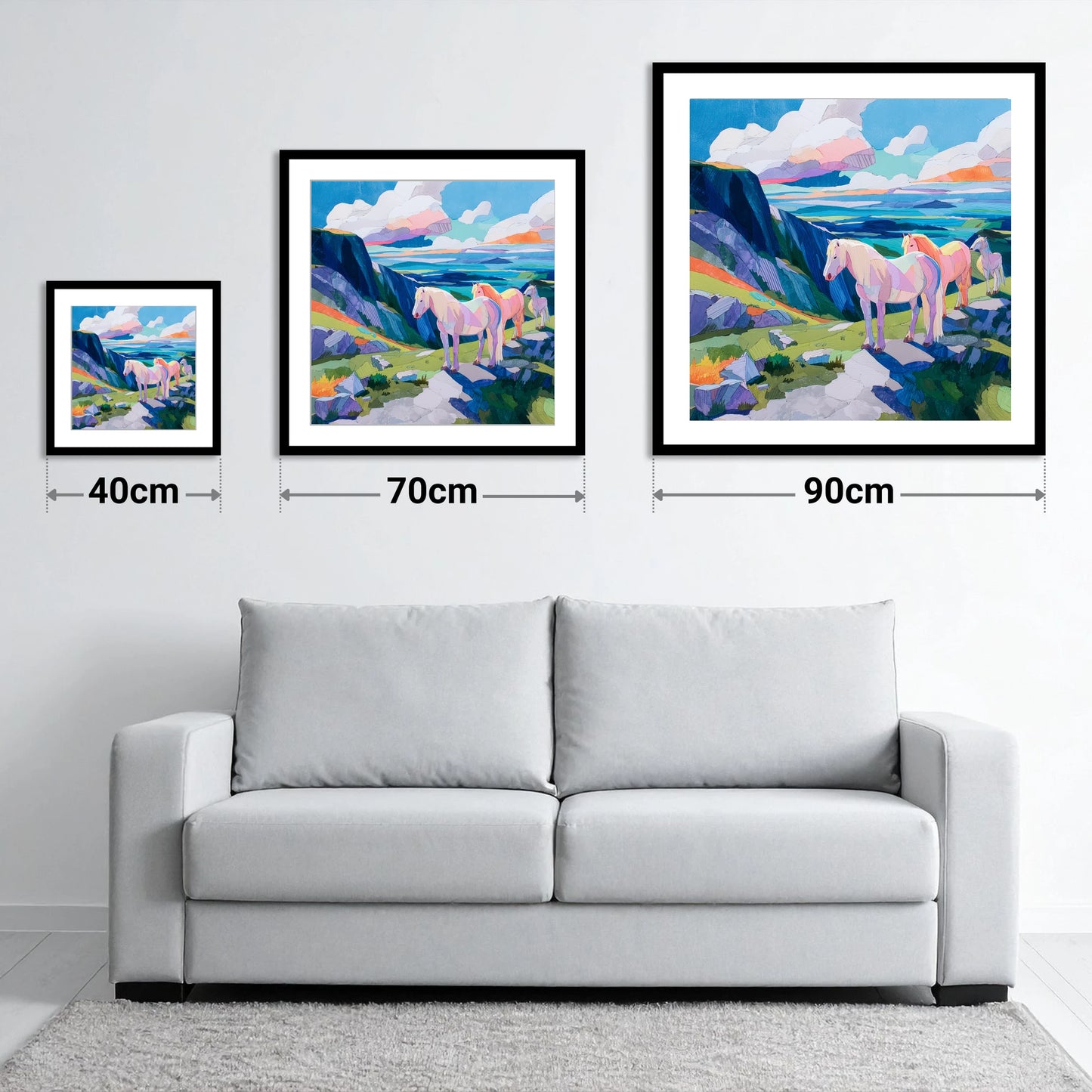 Vibrant Highland Dreamscape - size guide showing 40cm, 70cm and 90cm art prints