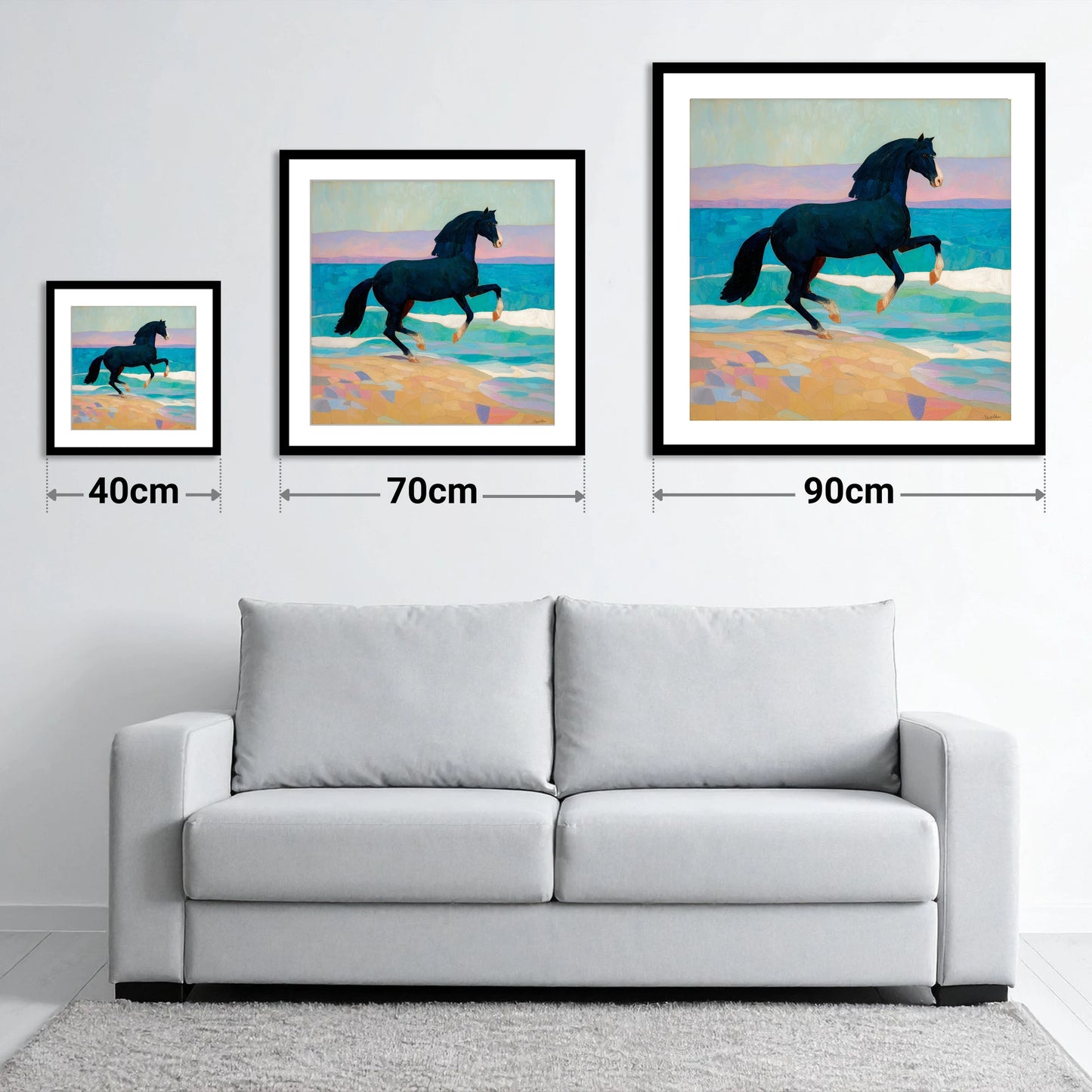 Azure Coastal Rhythm - size guide showing 40cm, 70cm and 90cm art prints