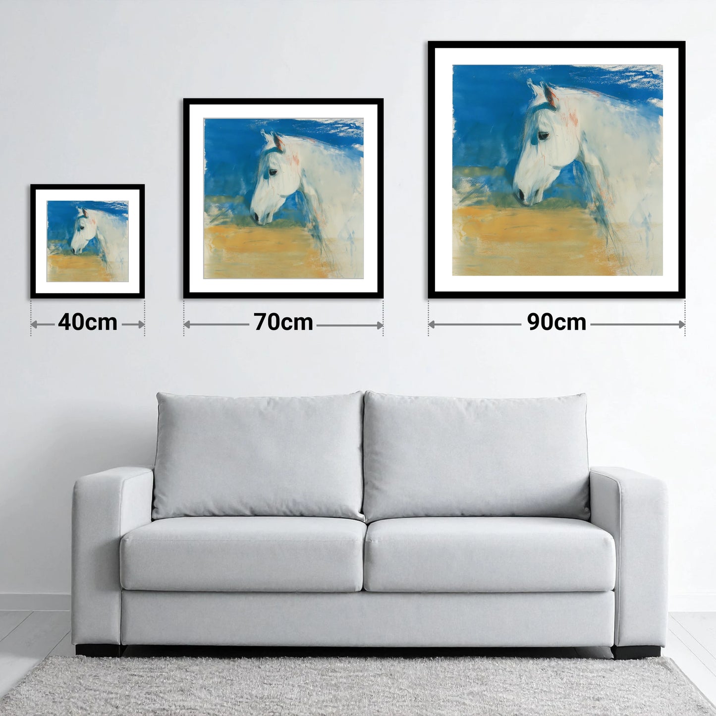 Cerulean Sky Grey - size guide showing 40cm, 70cm and 90cm art prints