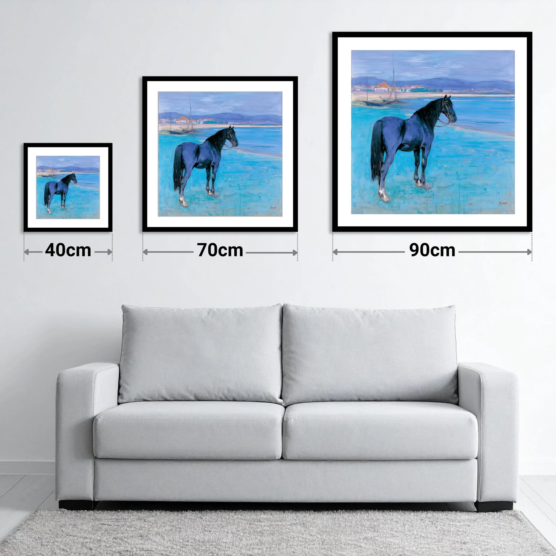 Azure Coast Equine - size guide showing 40cm, 70cm and 90cm art prints