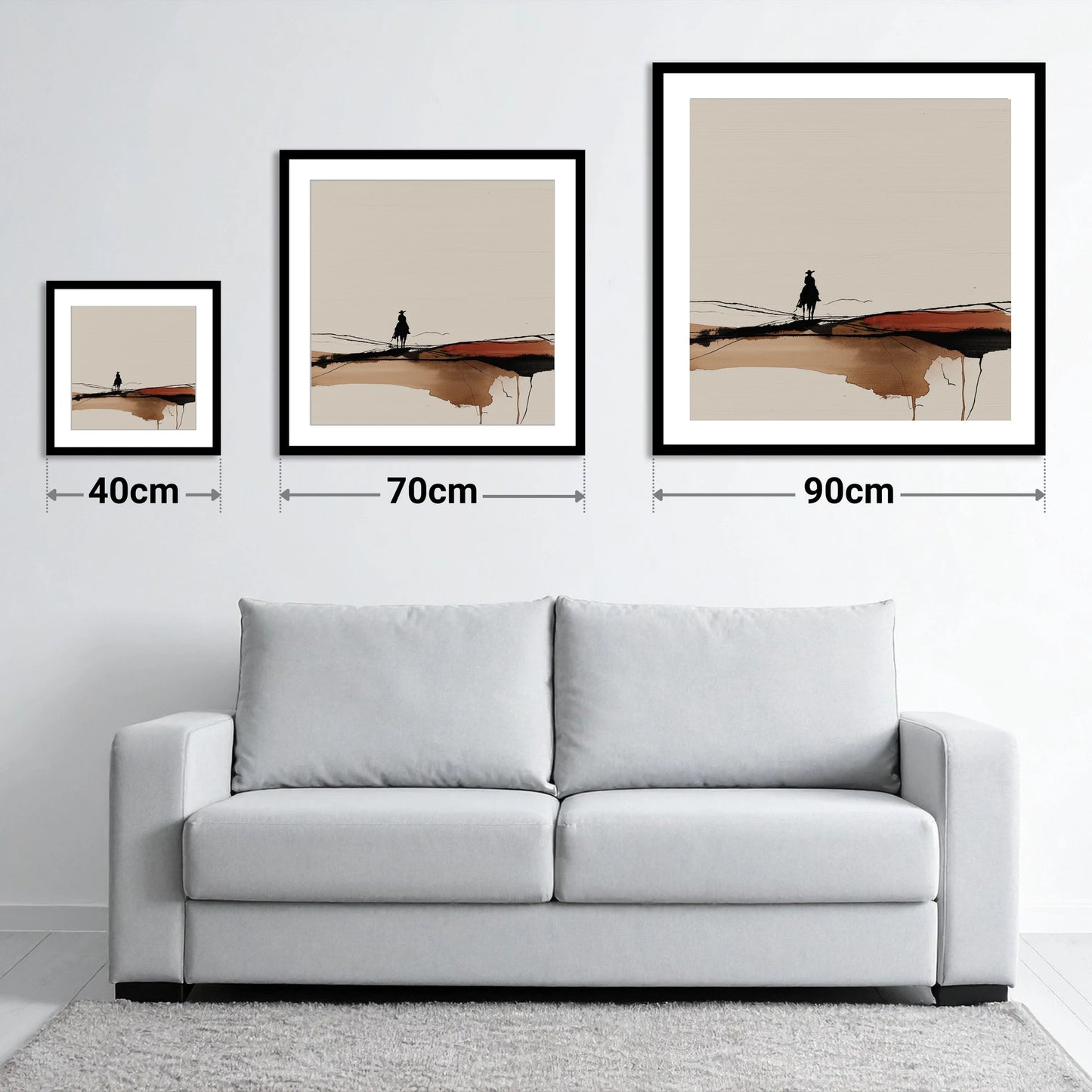 Solitary Western Horizon - size guide showing 40cm, 70cm and 90cm art prints