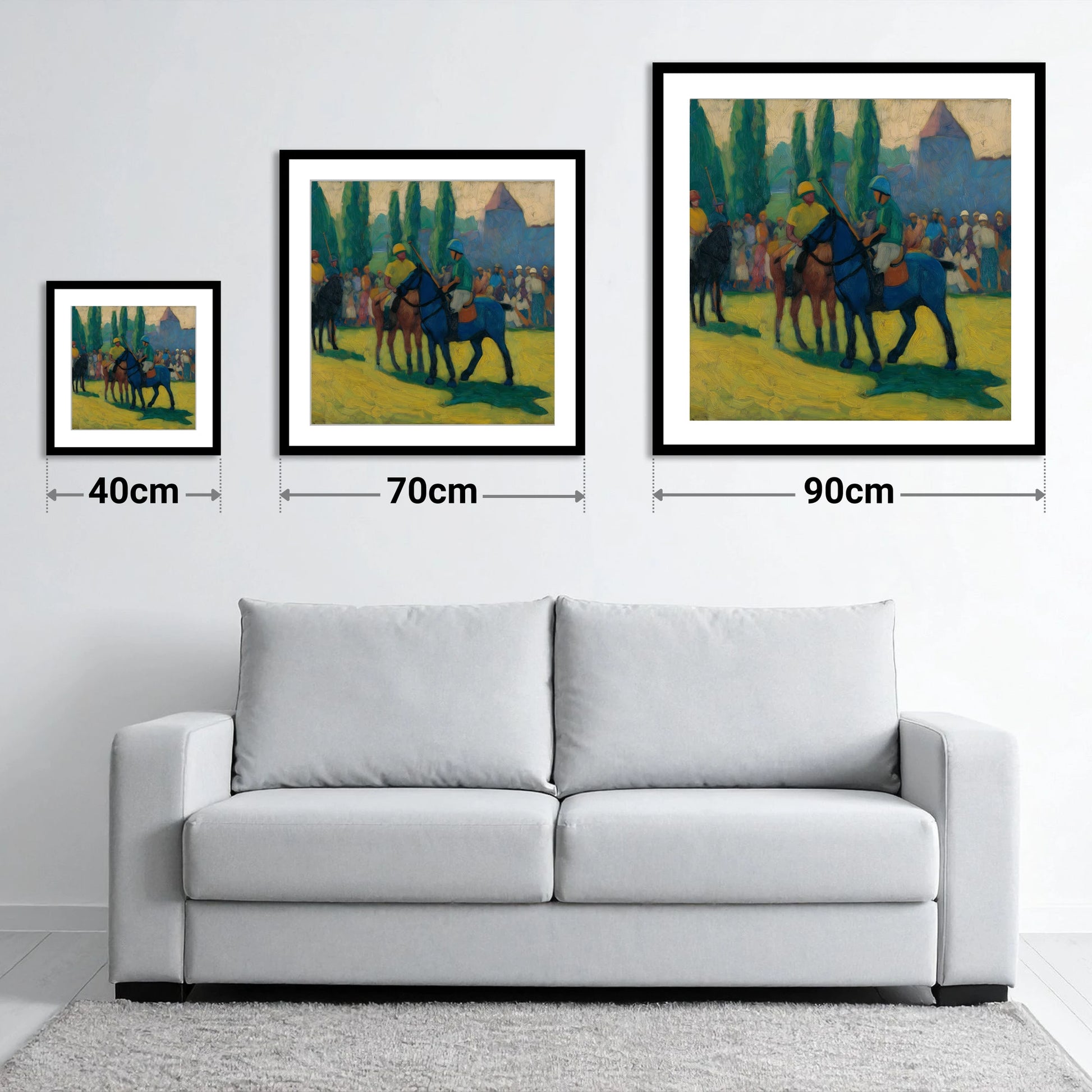 Before the Chukka - size guide showing 40cm, 70cm and 90cm art prints
