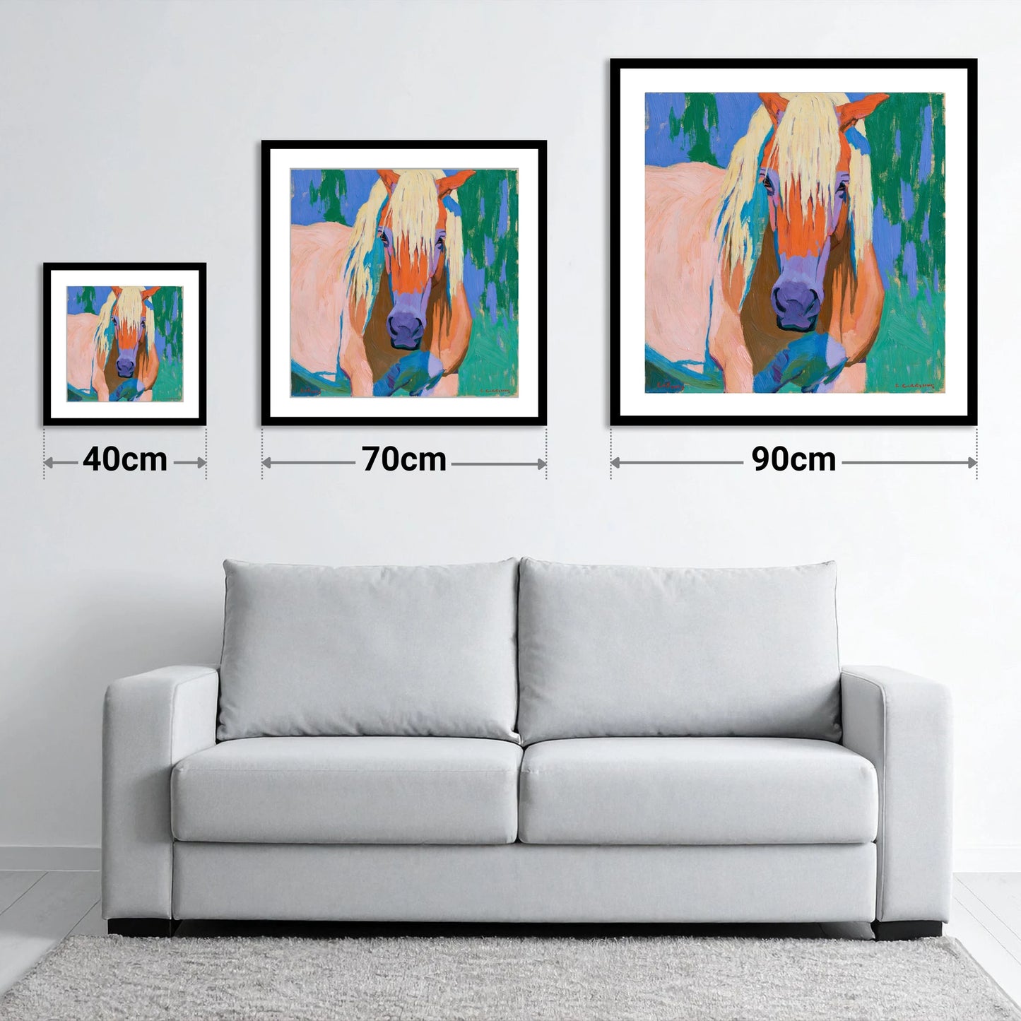 Vibrant Haflinger Horse Portrait - size guide showing 40cm, 70cm and 90cm art prints