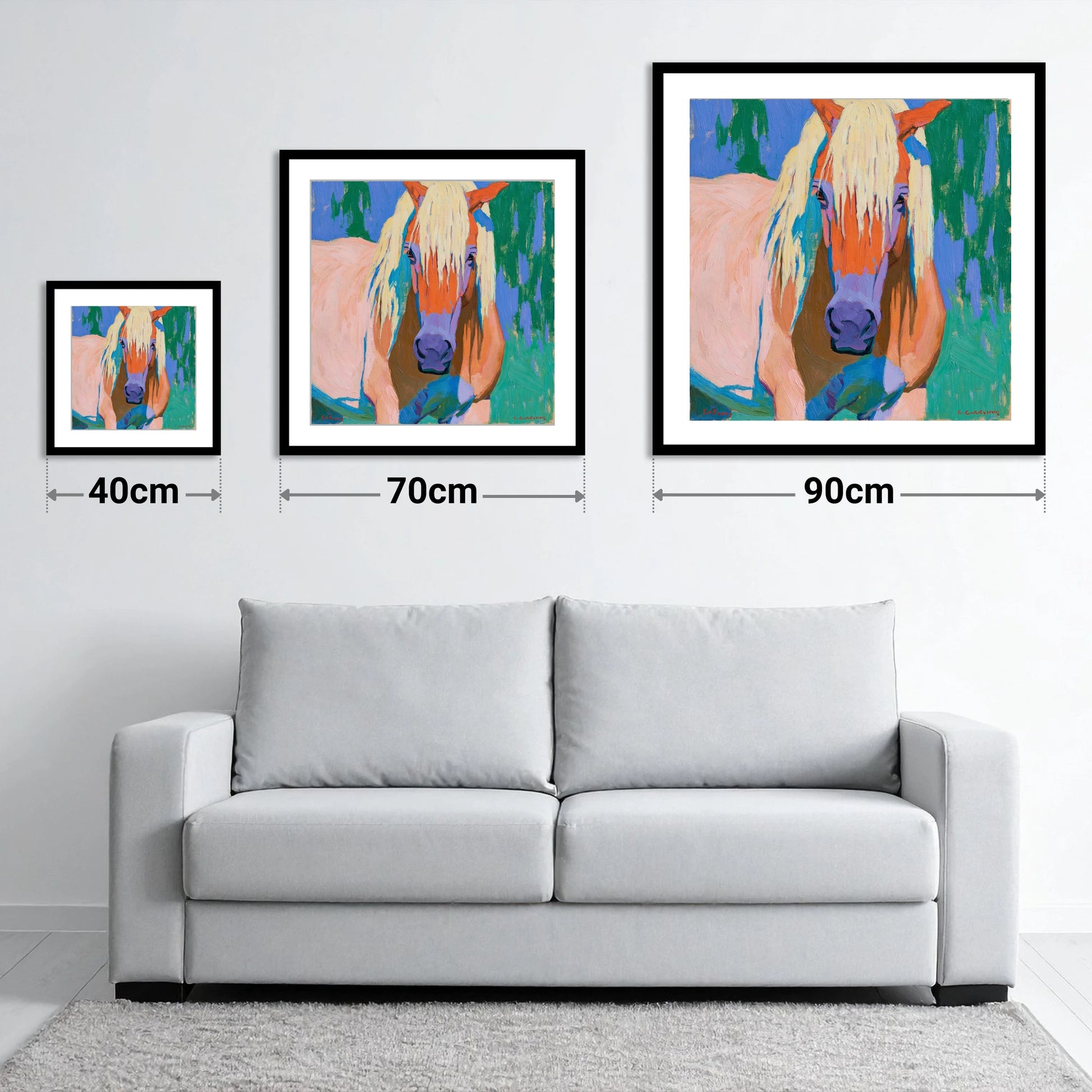 Vibrant Haflinger Horse Portrait - size guide showing 40cm, 70cm and 90cm art prints