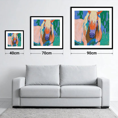 Vibrant Haflinger Horse Portrait - size guide showing 40cm, 70cm and 90cm art prints