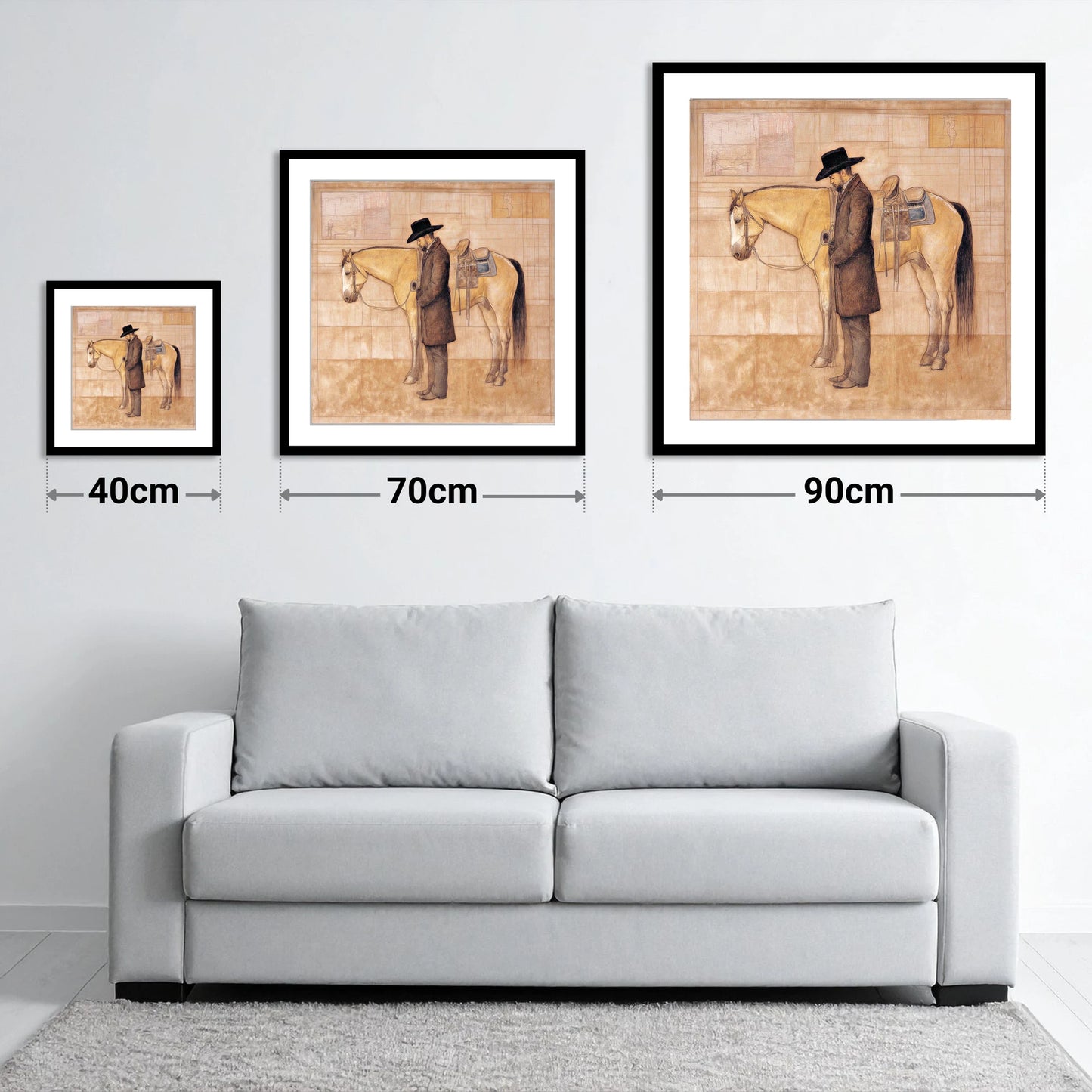 The Quiet Bond - size guide showing 40cm, 70cm and 90cm art prints