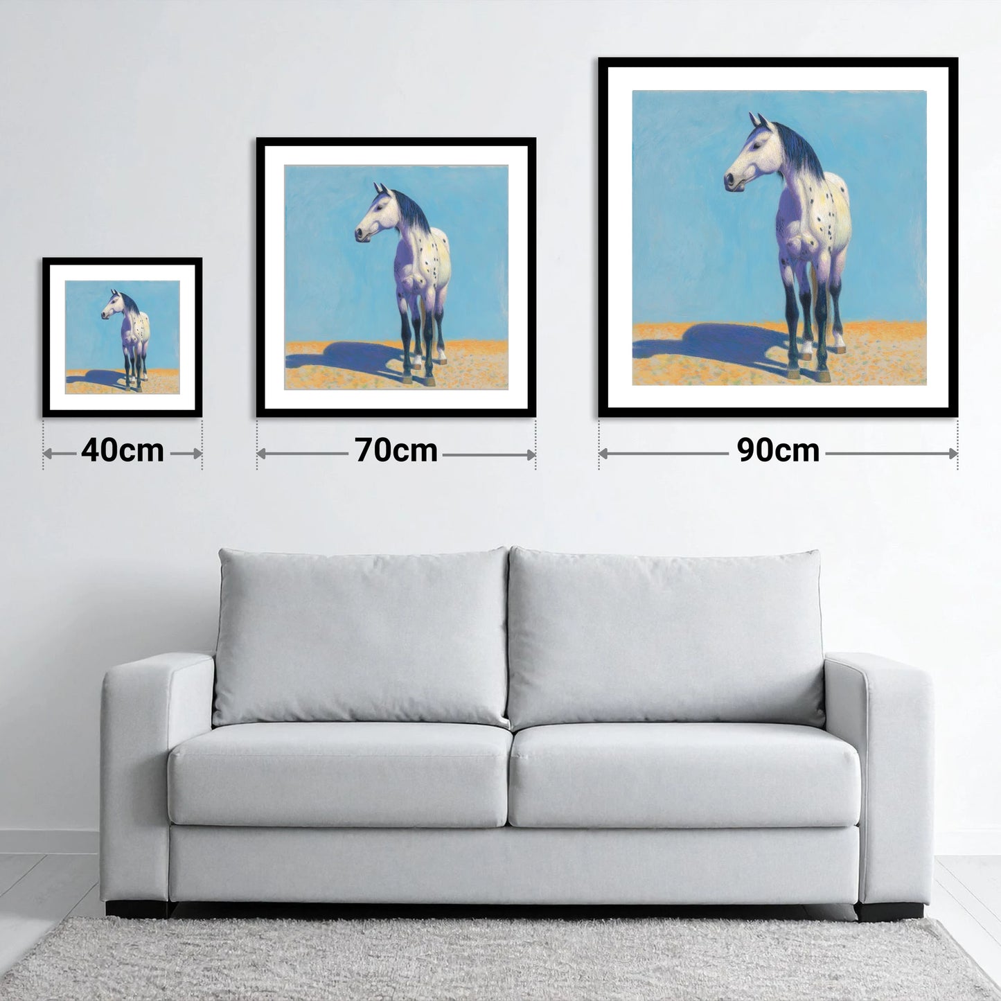 The Sunlit Appaloosa - size guide showing 40cm, 70cm and 90cm art prints