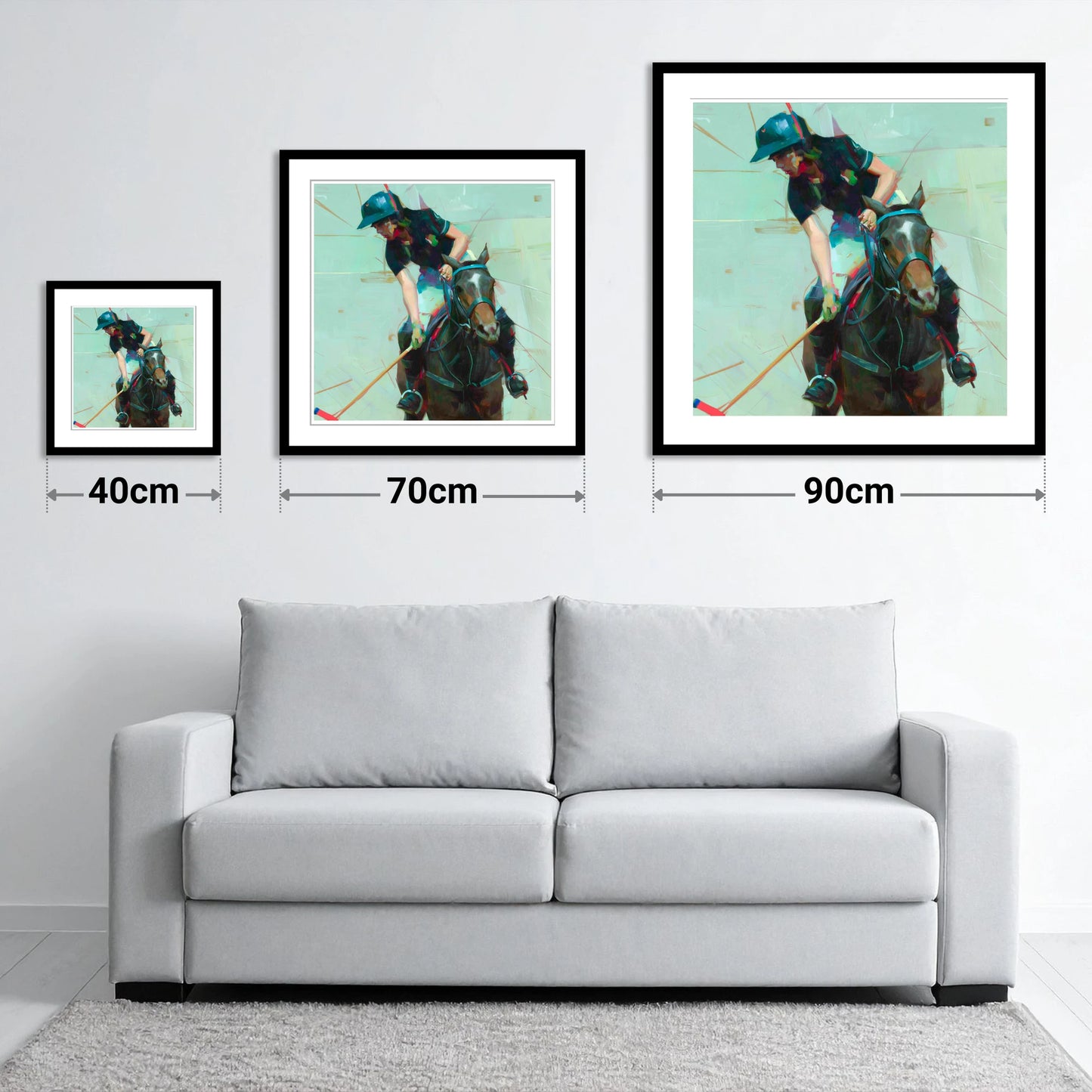 Mid-Match Focus - size guide showing 40cm, 70cm and 90cm art prints