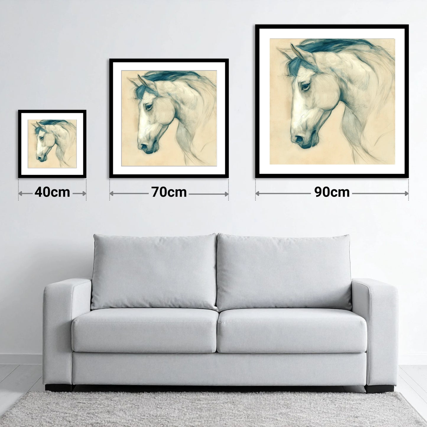 Quiet Grey Profile - size guide showing 40cm, 70cm and 90cm art prints