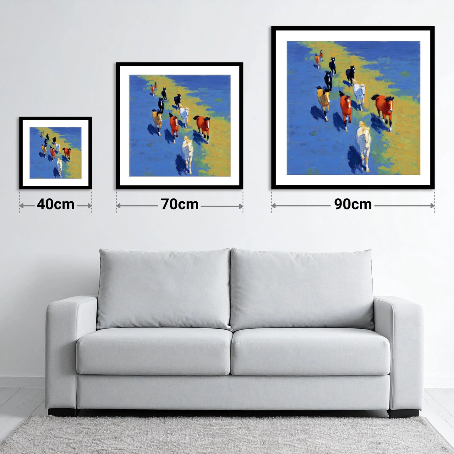 Sunlit Azure Gallop - size guide showing 40cm, 70cm and 90cm art prints