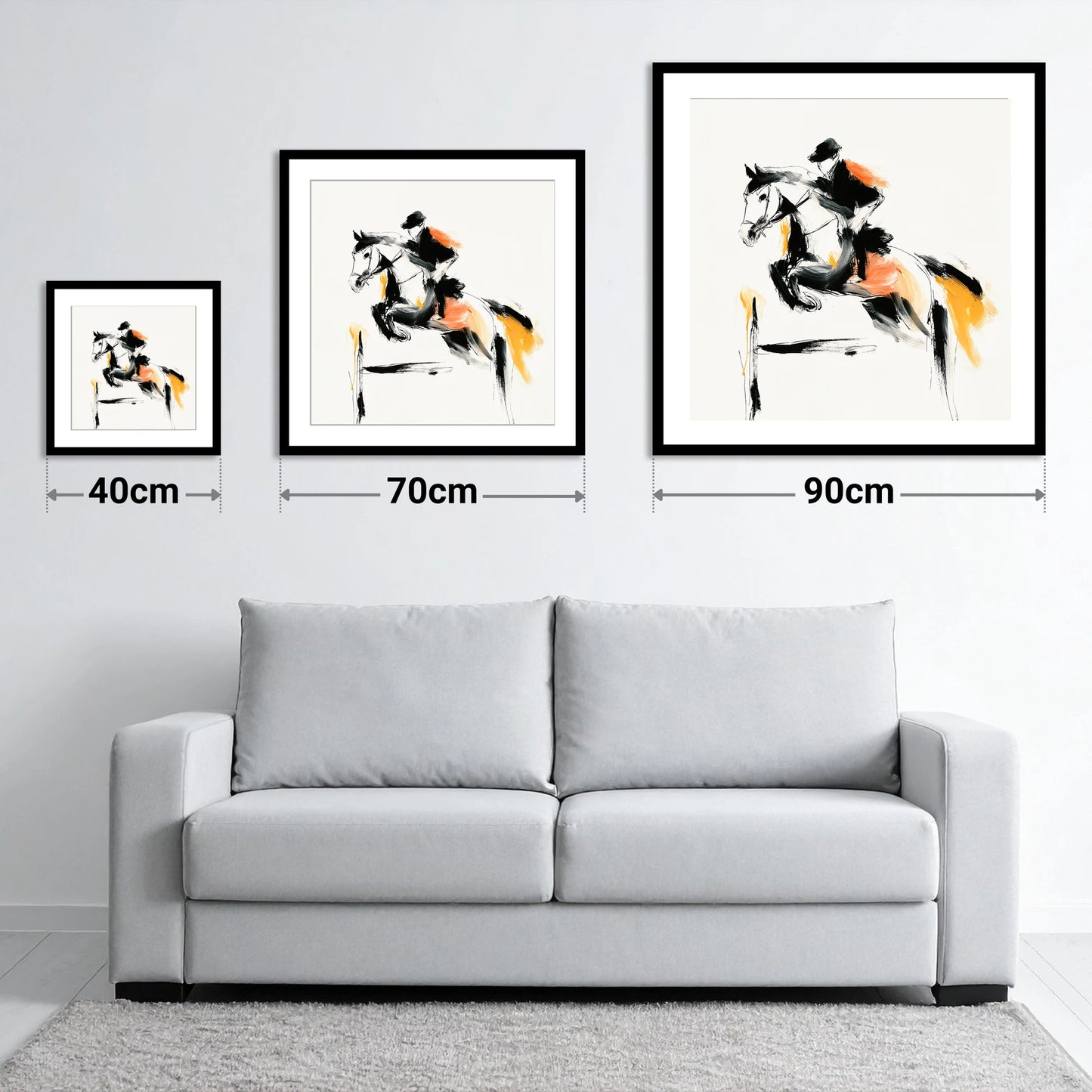 The Amber Leap - size guide showing 40cm, 70cm and 90cm art prints