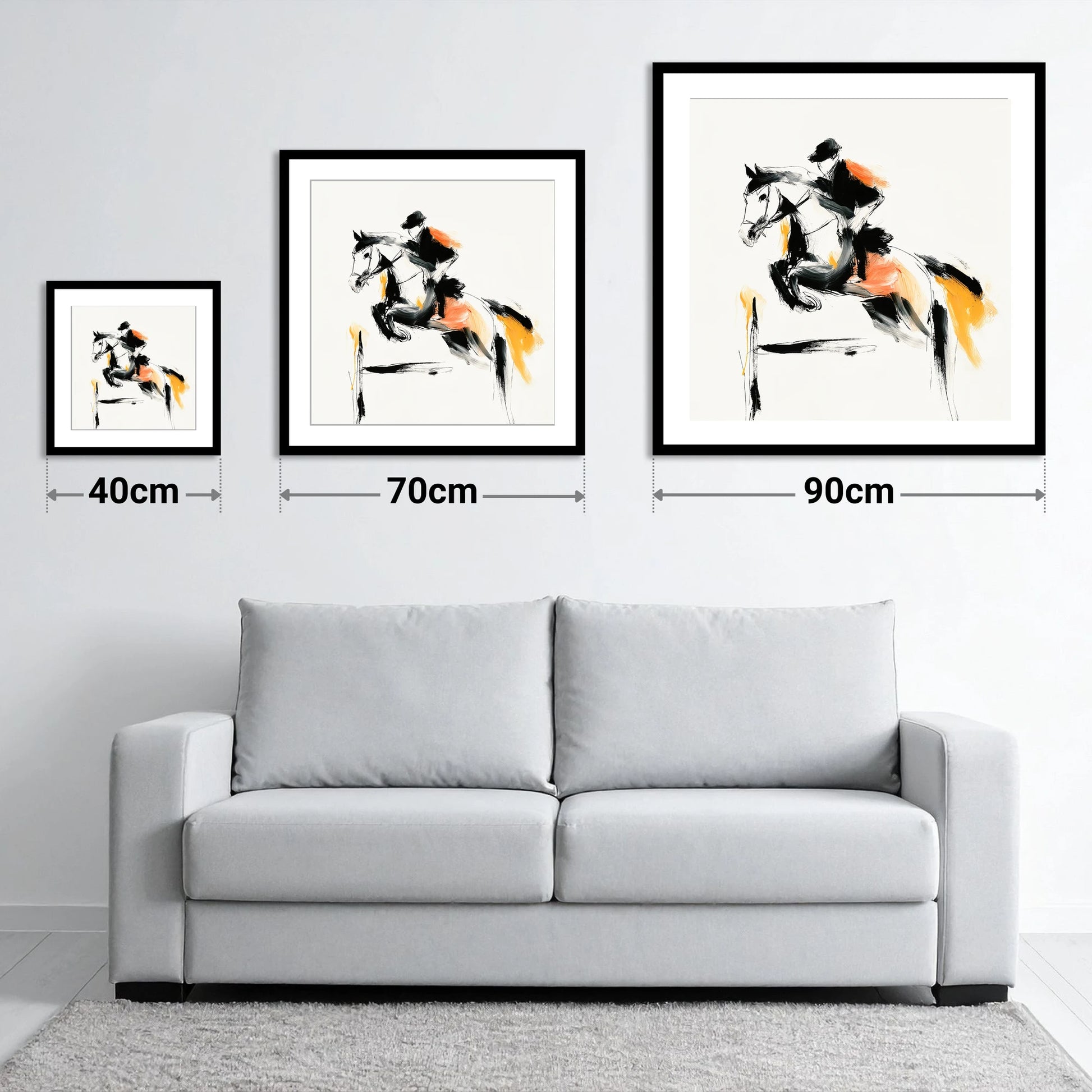 The Amber Leap - size guide showing 40cm, 70cm and 90cm art prints