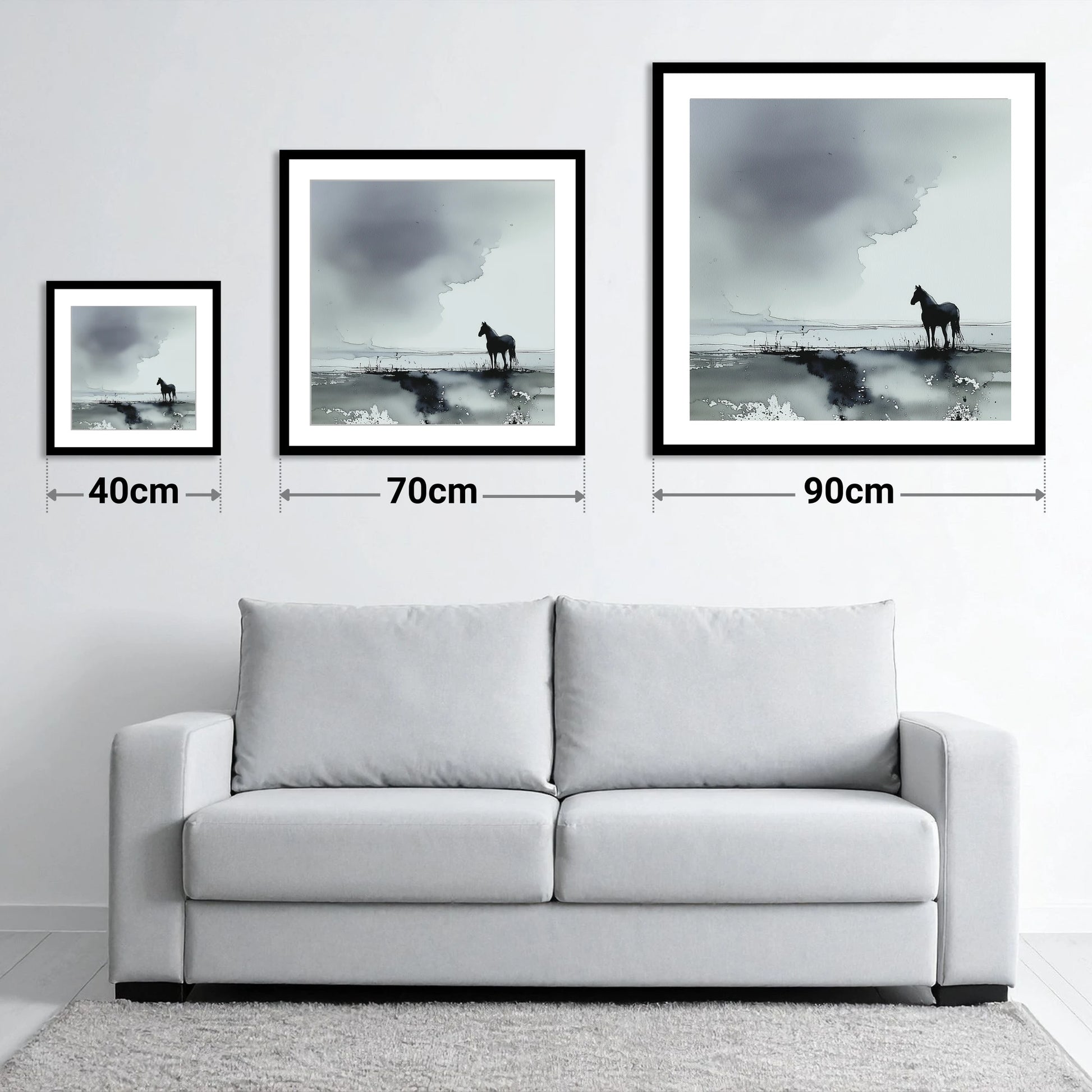 Quiet Grey Horizon - size guide showing 40cm, 70cm and 90cm art prints