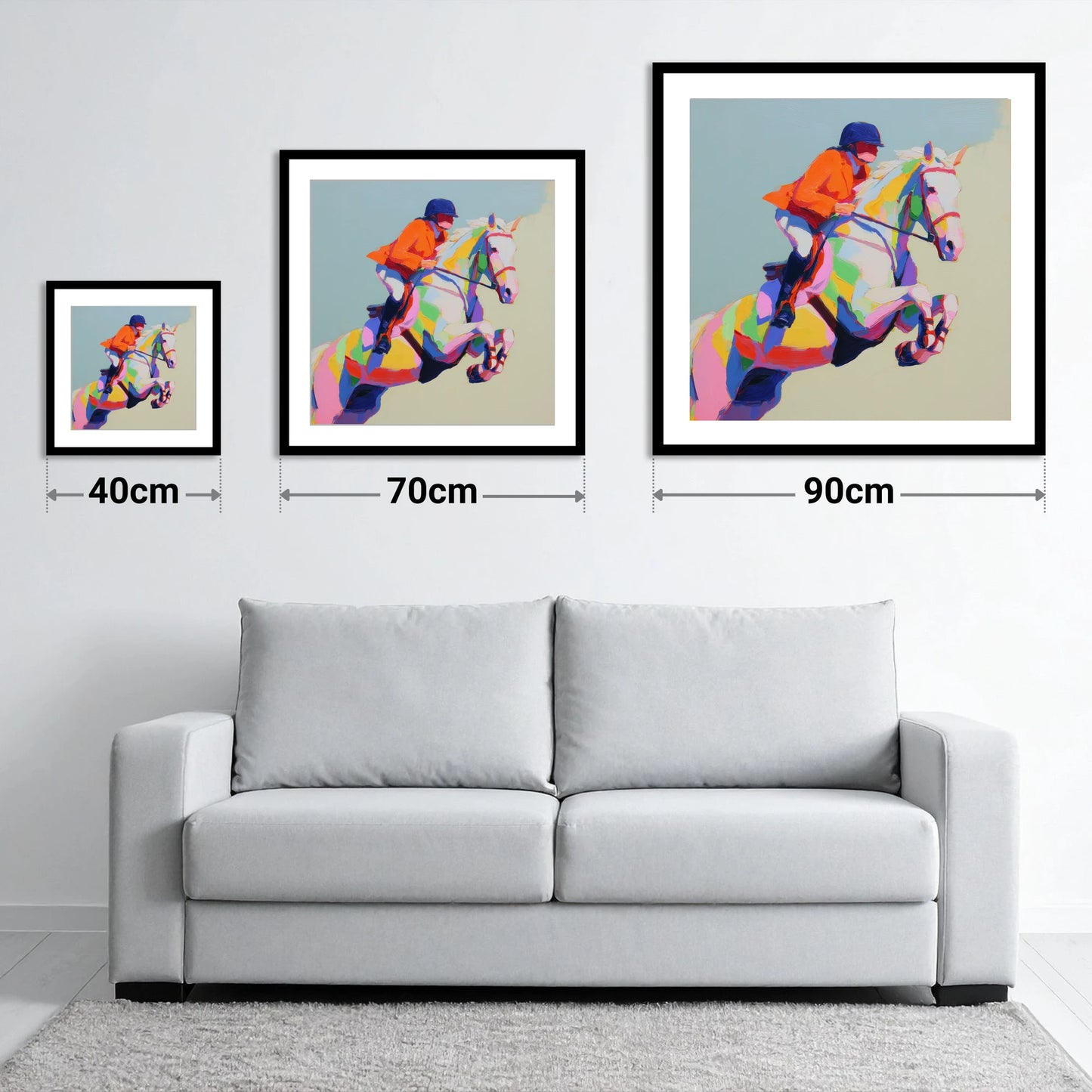 Chromatic Leap - size guide showing 40cm, 70cm and 90cm art prints