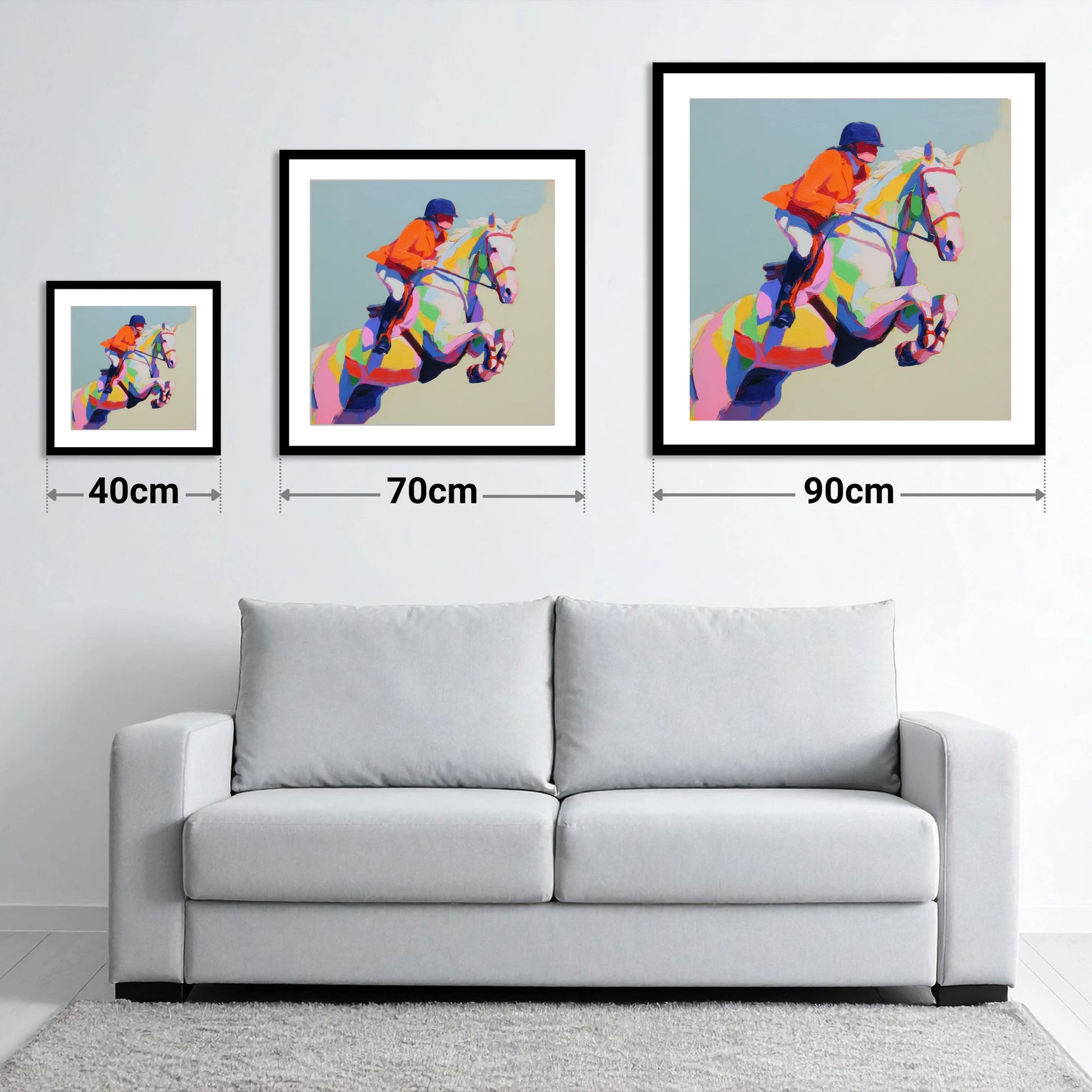 Chromatic Leap - size guide showing 40cm, 70cm and 90cm art prints