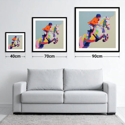 Chromatic Leap - size guide showing 40cm, 70cm and 90cm art prints