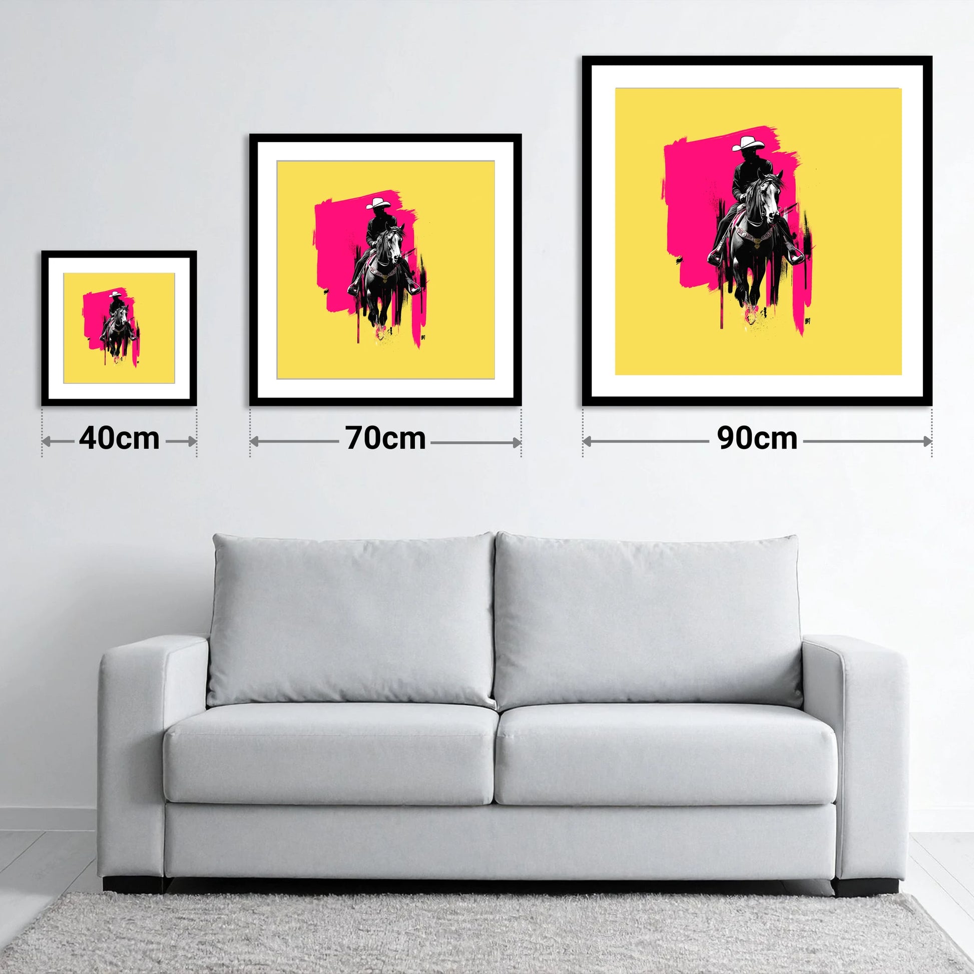 Magenta High Noon - size guide showing 40cm, 70cm and 90cm art prints